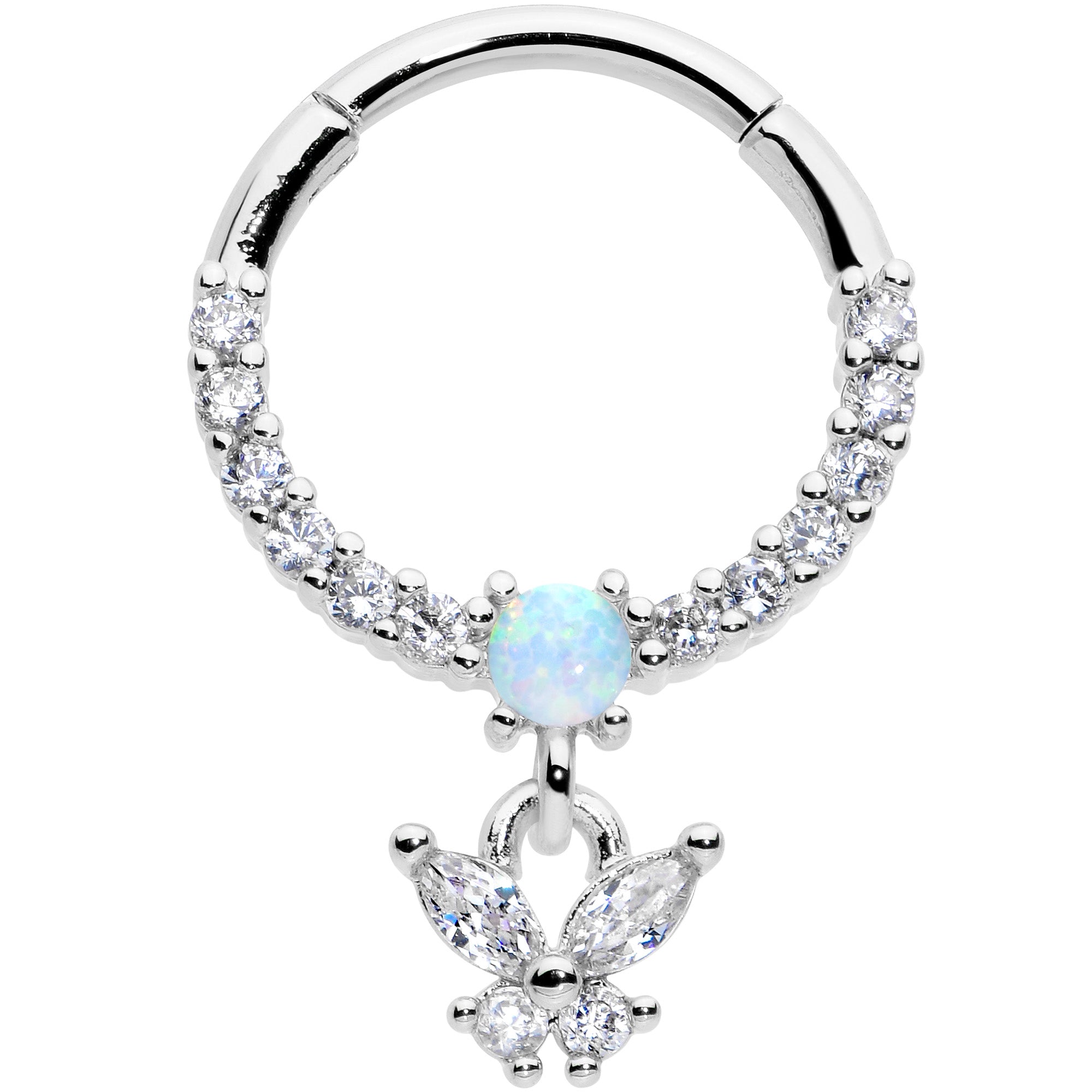 16G 3/8 Blue Synthetic Opal Butterfly Dangle Hinged Segment Ring