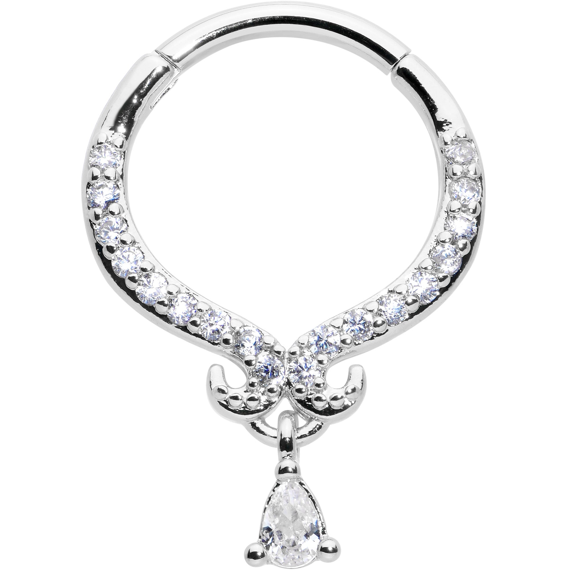 16G 3/8 Clear CZ Gem Elegant Curves Dangle Hinged Segment Ring