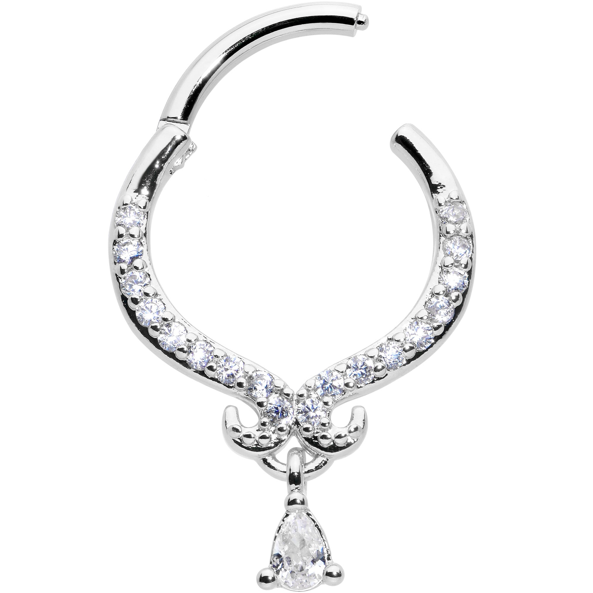 16G 3/8 Clear CZ Gem Elegant Curves Dangle Hinged Segment Ring