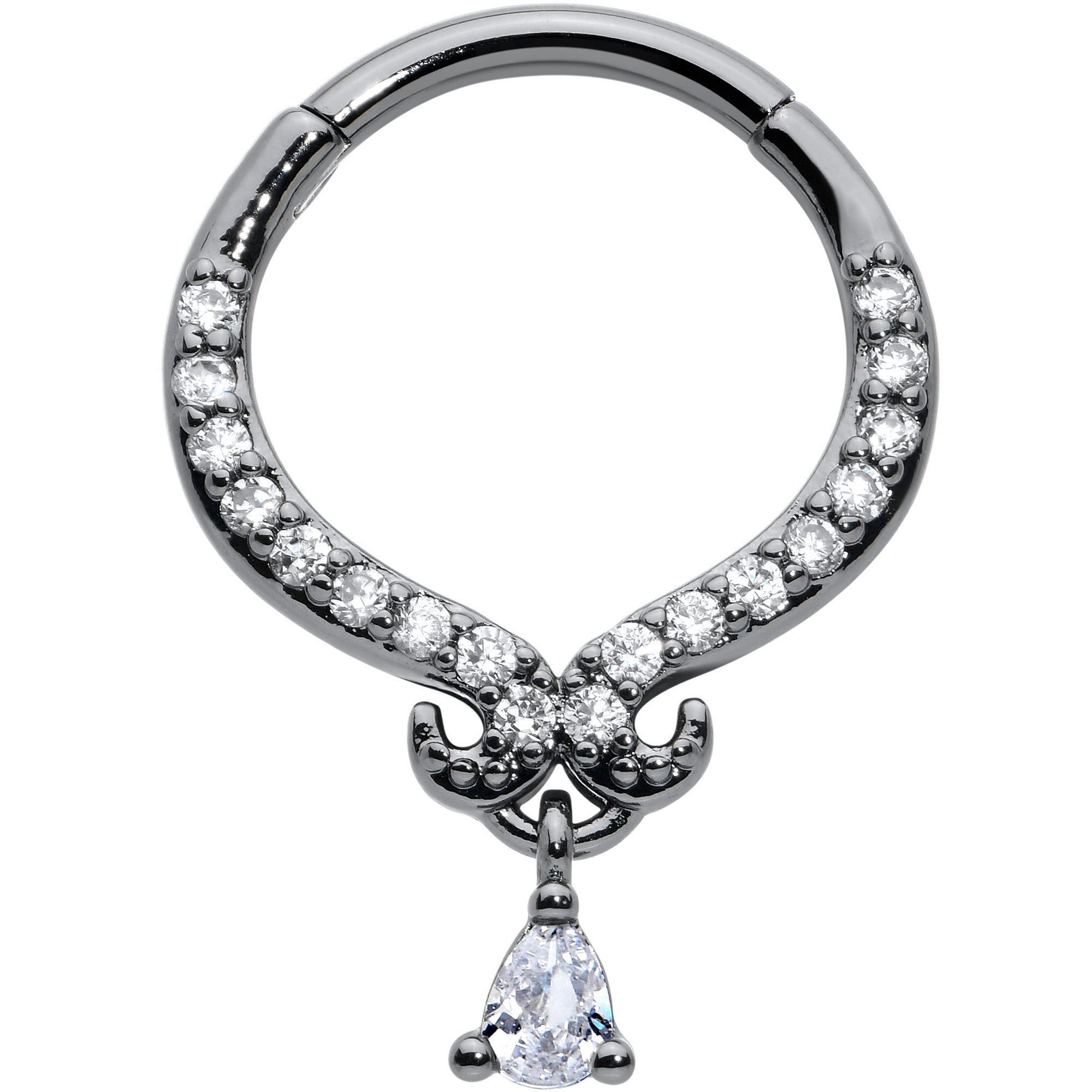 16G 3/8 Clear CZ Gem Black Elegant Curves Hinged Segment Ring