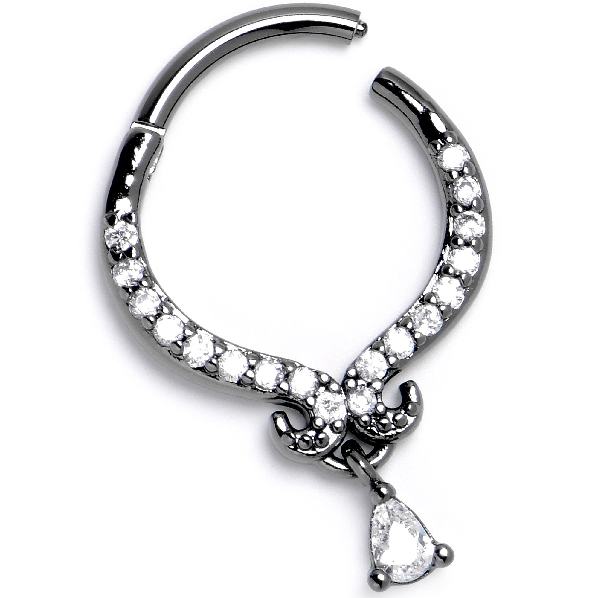 16G 3/8 Clear CZ Gem Black Elegant Curves Hinged Segment Ring