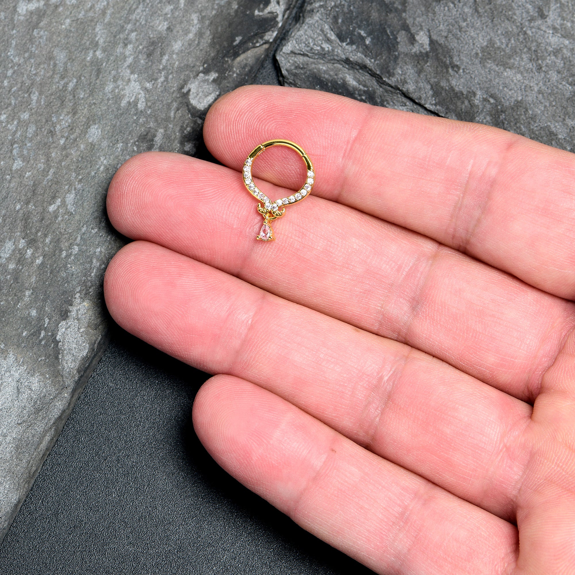 16 Gauge 3/8 Pink CZ Gem Gold Tone Elegant Curves Hinged Segment Ring