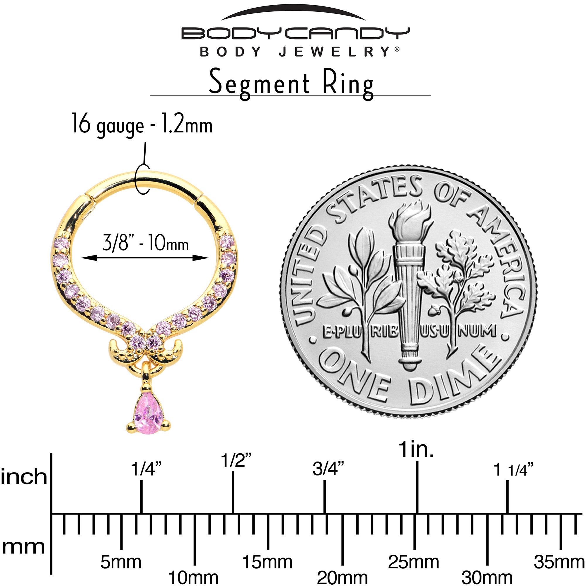 16 Gauge 3/8 Pink CZ Gem Gold Tone Elegant Curves Hinged Segment Ring