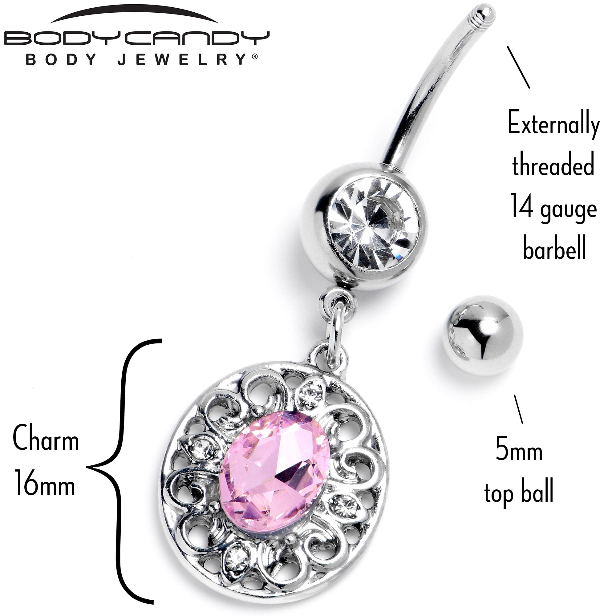 Pink Clear Gem Flower Oval Elegance Dangle Belly Ring