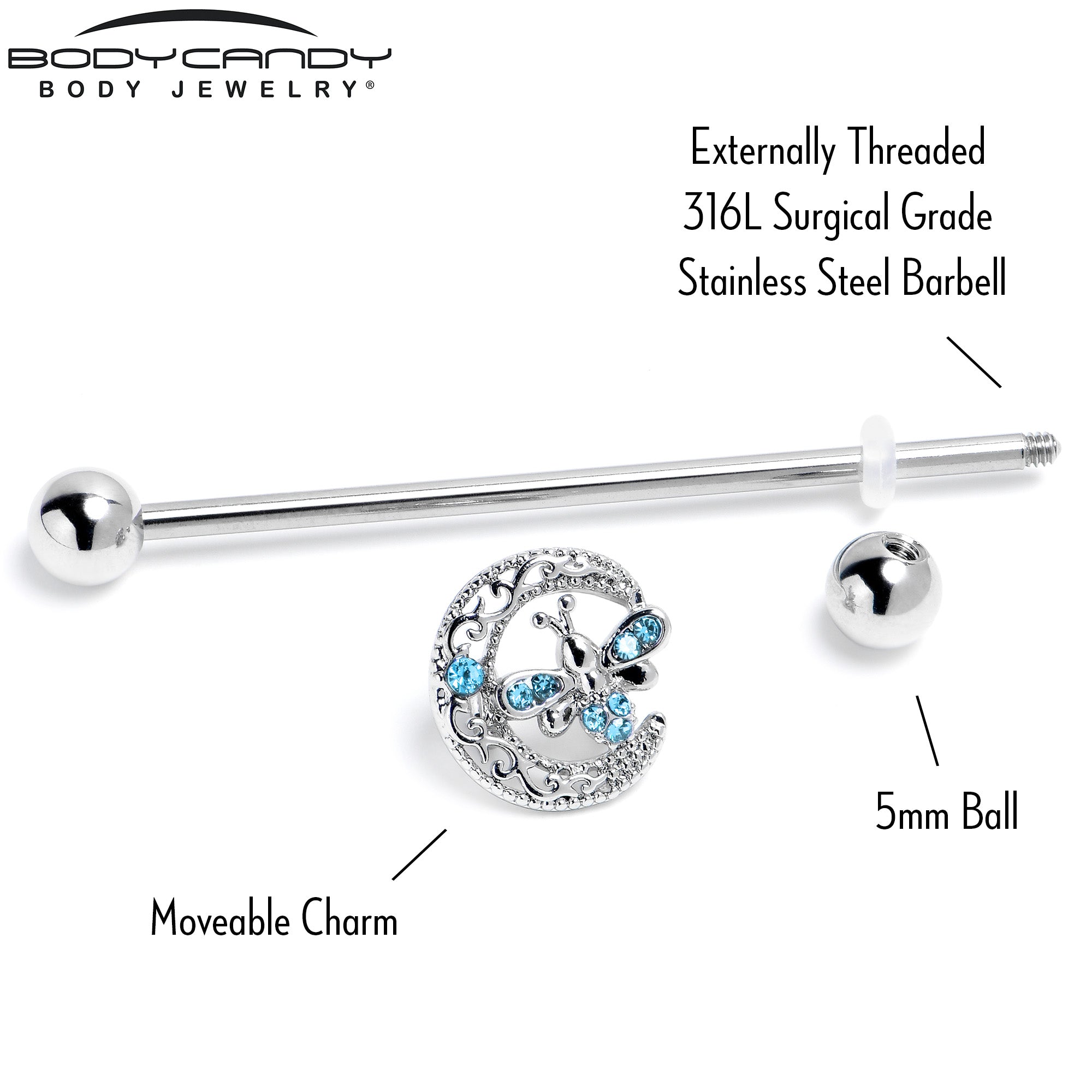14G Blue Gem Lunar Dragonfly Industrial Barbell 38mm