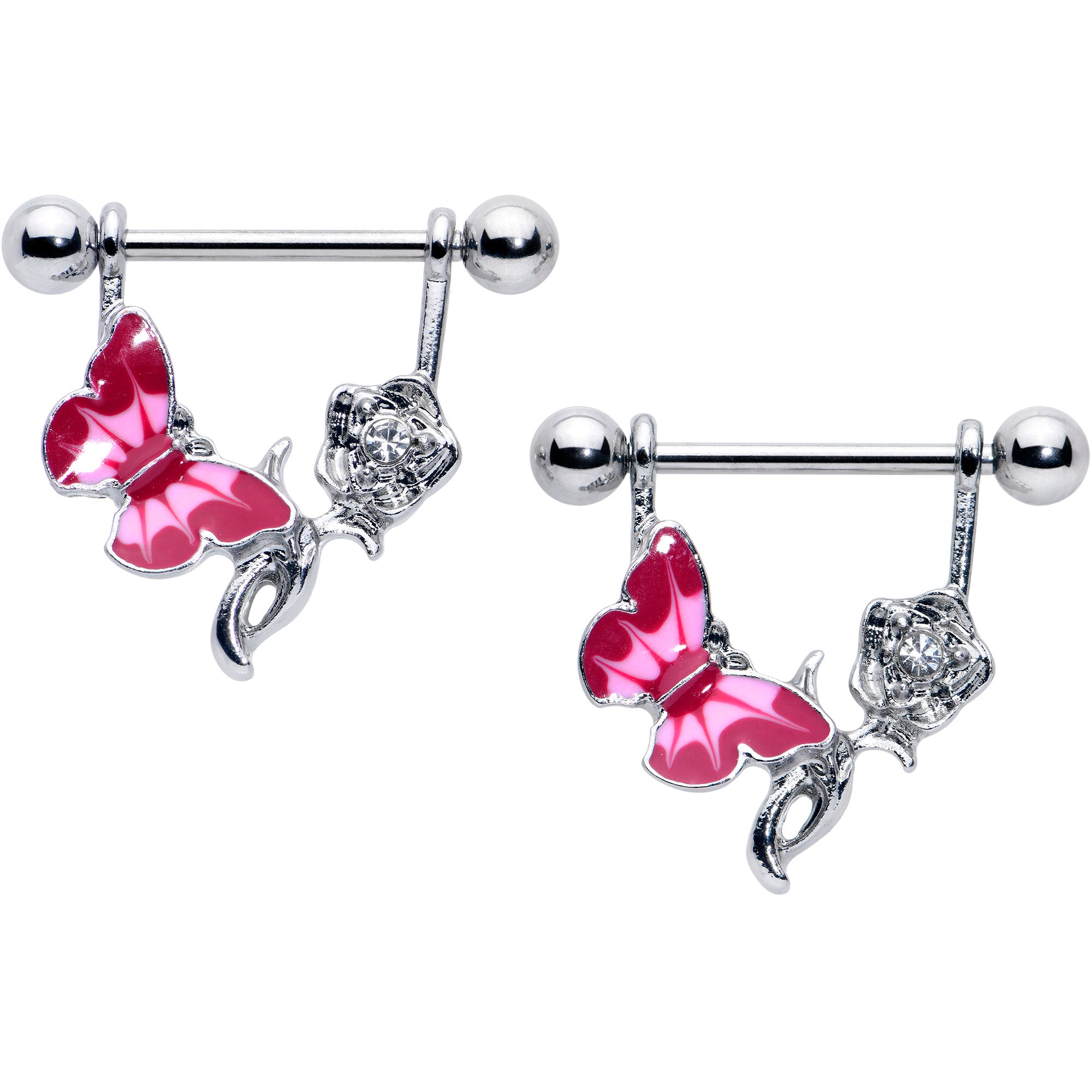 14G 9/16 Butterfly Pink Rose Flower Dangle Nipple Ring Set