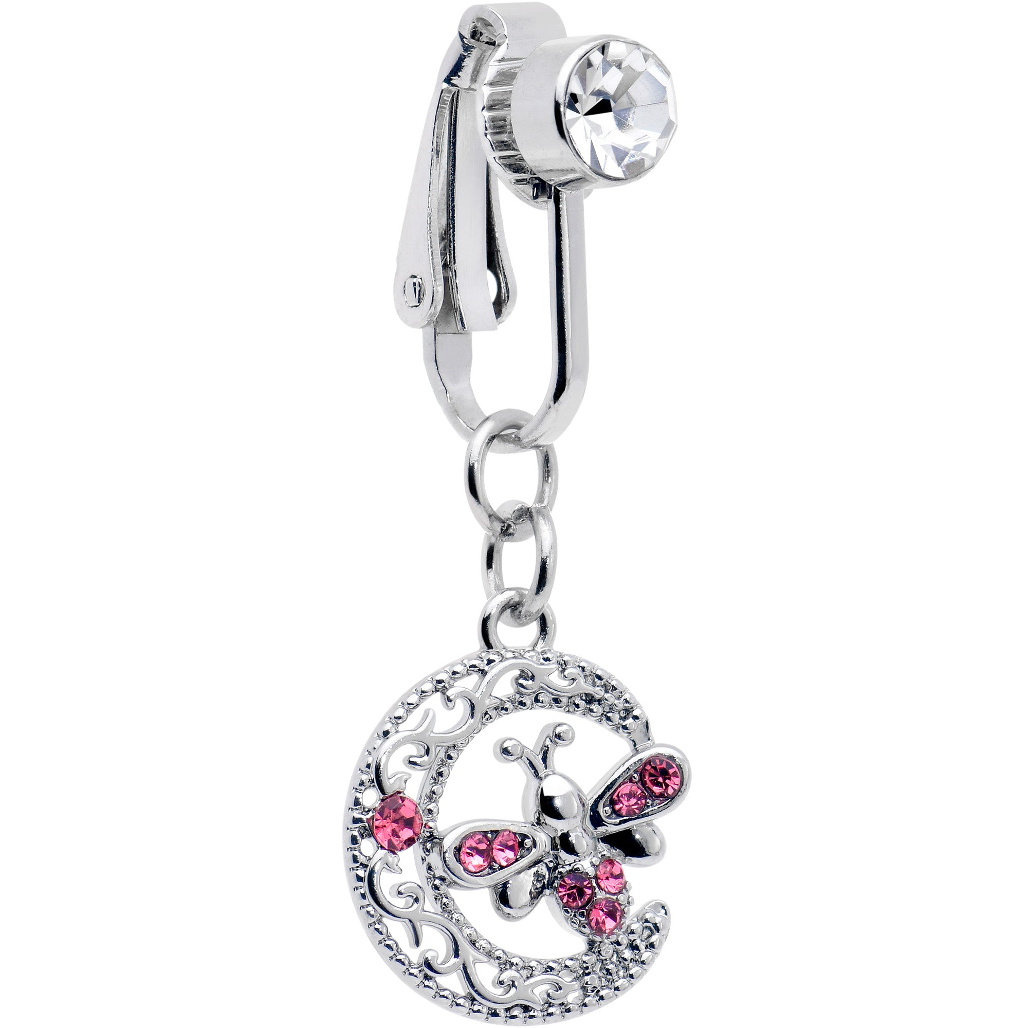 Pink Gem Lunar Dragonfly Fake Clip On Belly Ring