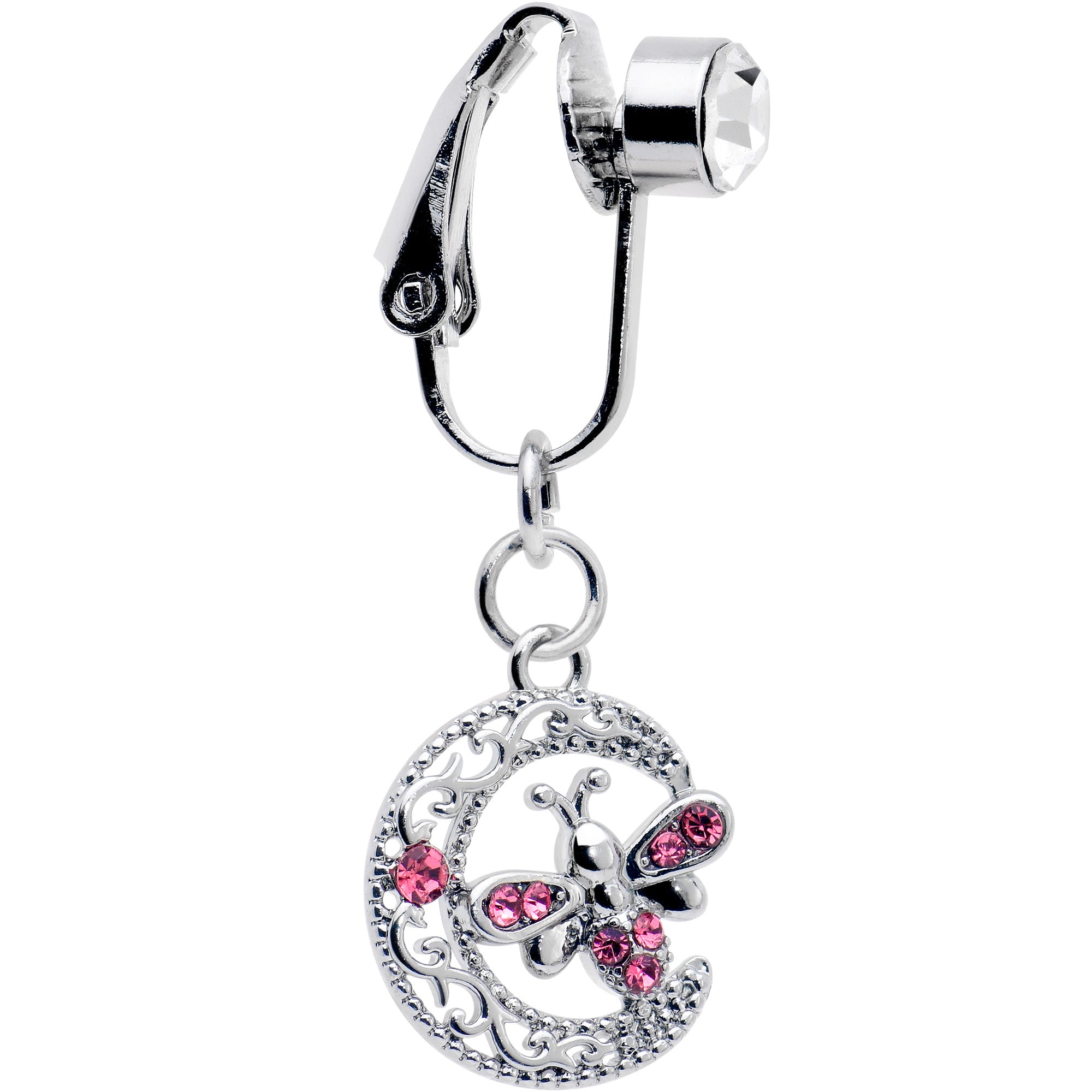 Pink Gem Lunar Dragonfly Fake Clip On Belly Ring