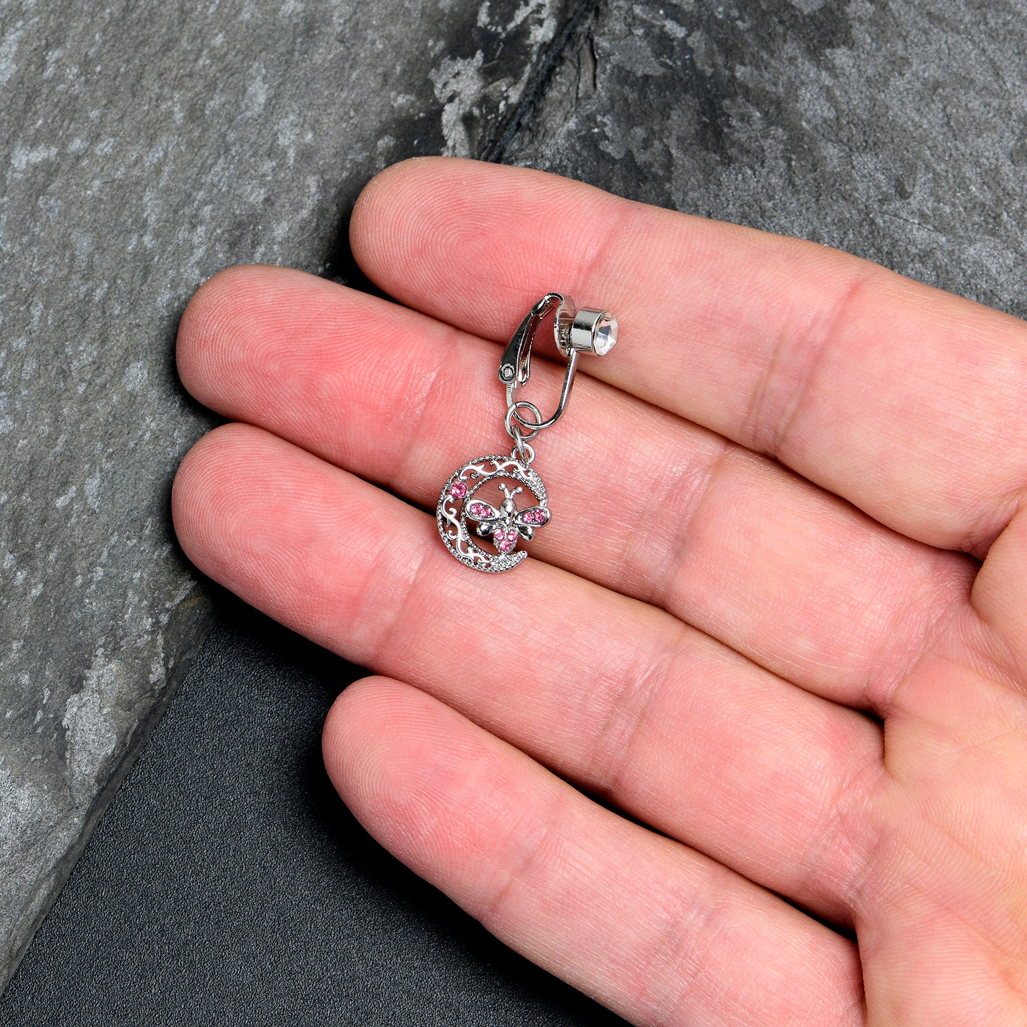 Pink Gem Lunar Dragonfly Fake Clip On Belly Ring