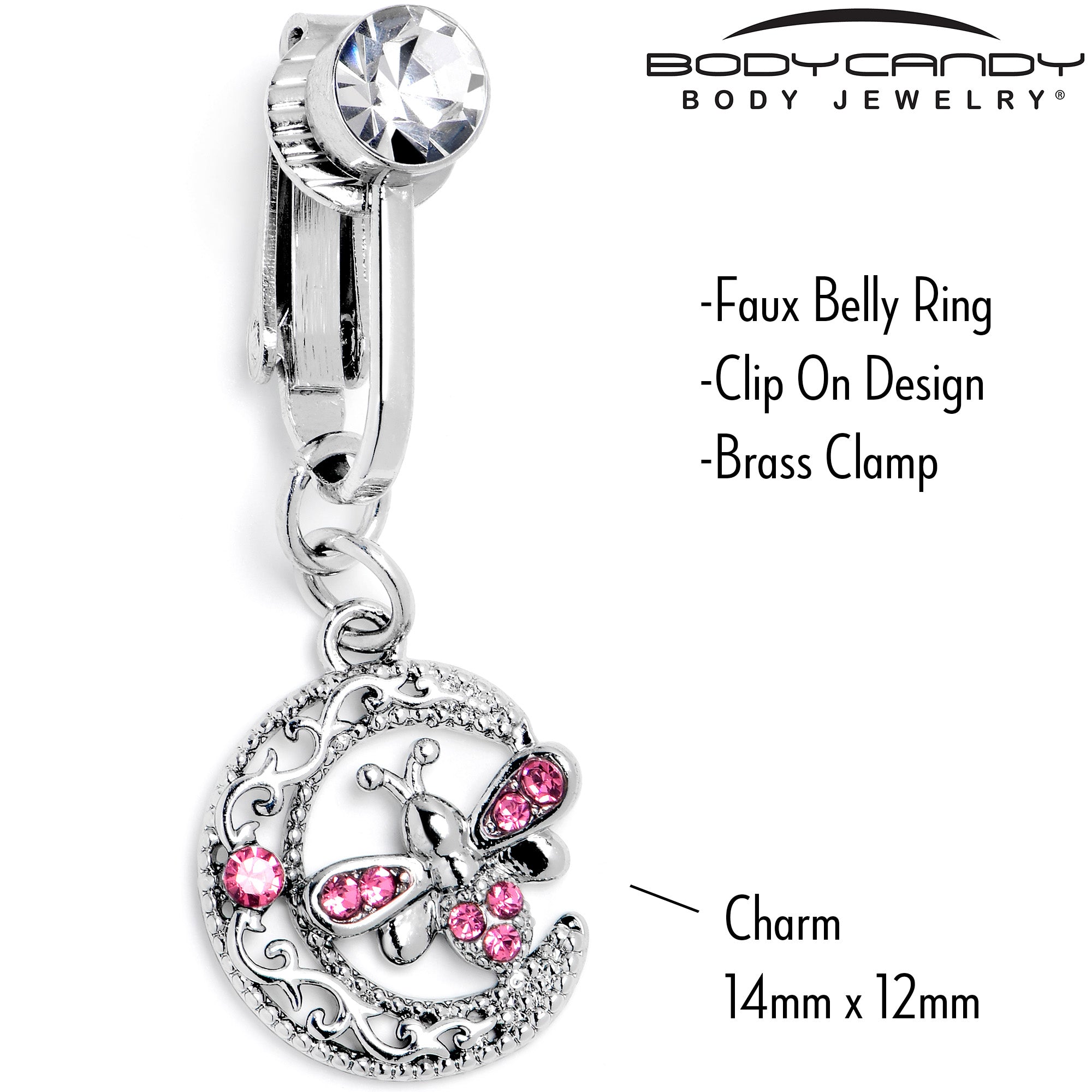 Pink Gem Lunar Dragonfly Fake Clip On Belly Ring