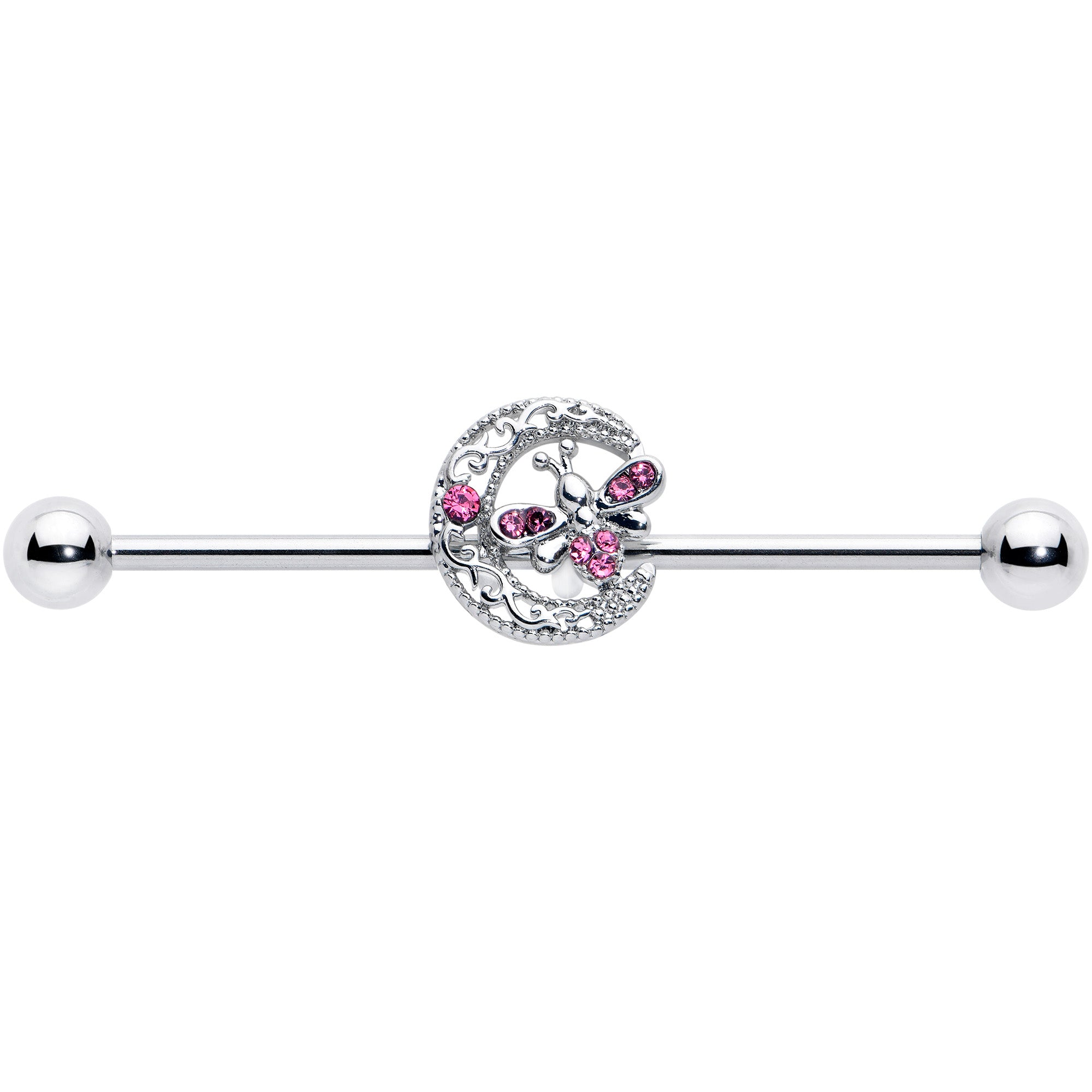 14G Pink Gem Lunar Dragonfly Industrial Barbell 38mm