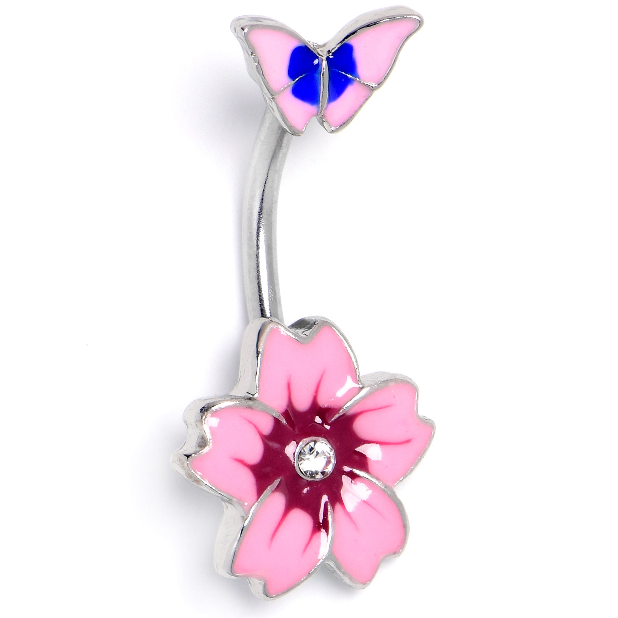 Clear Gem Perfectly Pink Flower Butterfly Double Mount Belly Ring