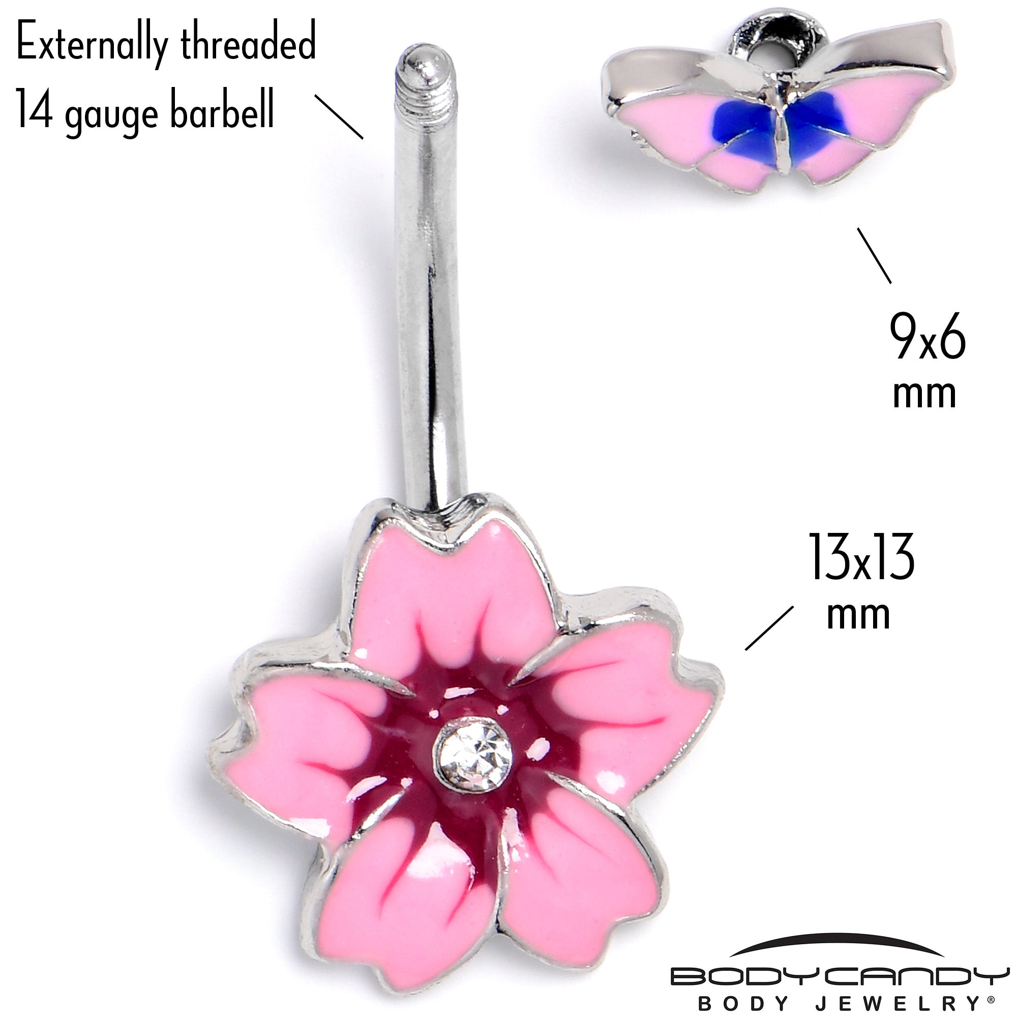 Clear Gem Perfectly Pink Flower Butterfly Double Mount Belly Ring