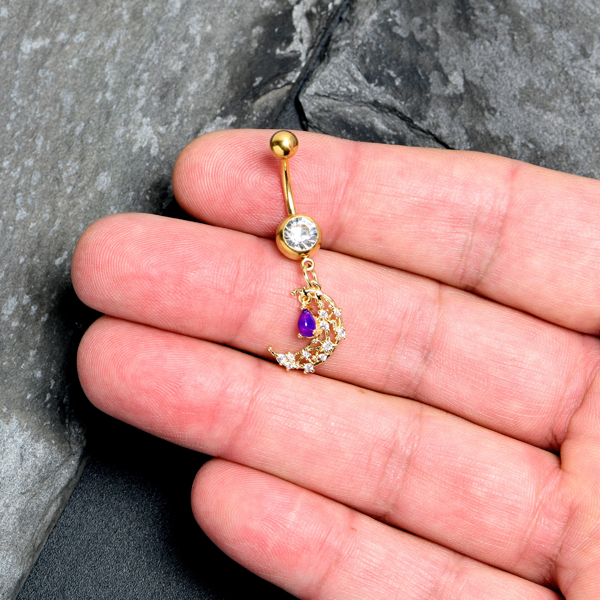 Purple Gem Gold Tone Constellation Moon Dangle Belly Ring