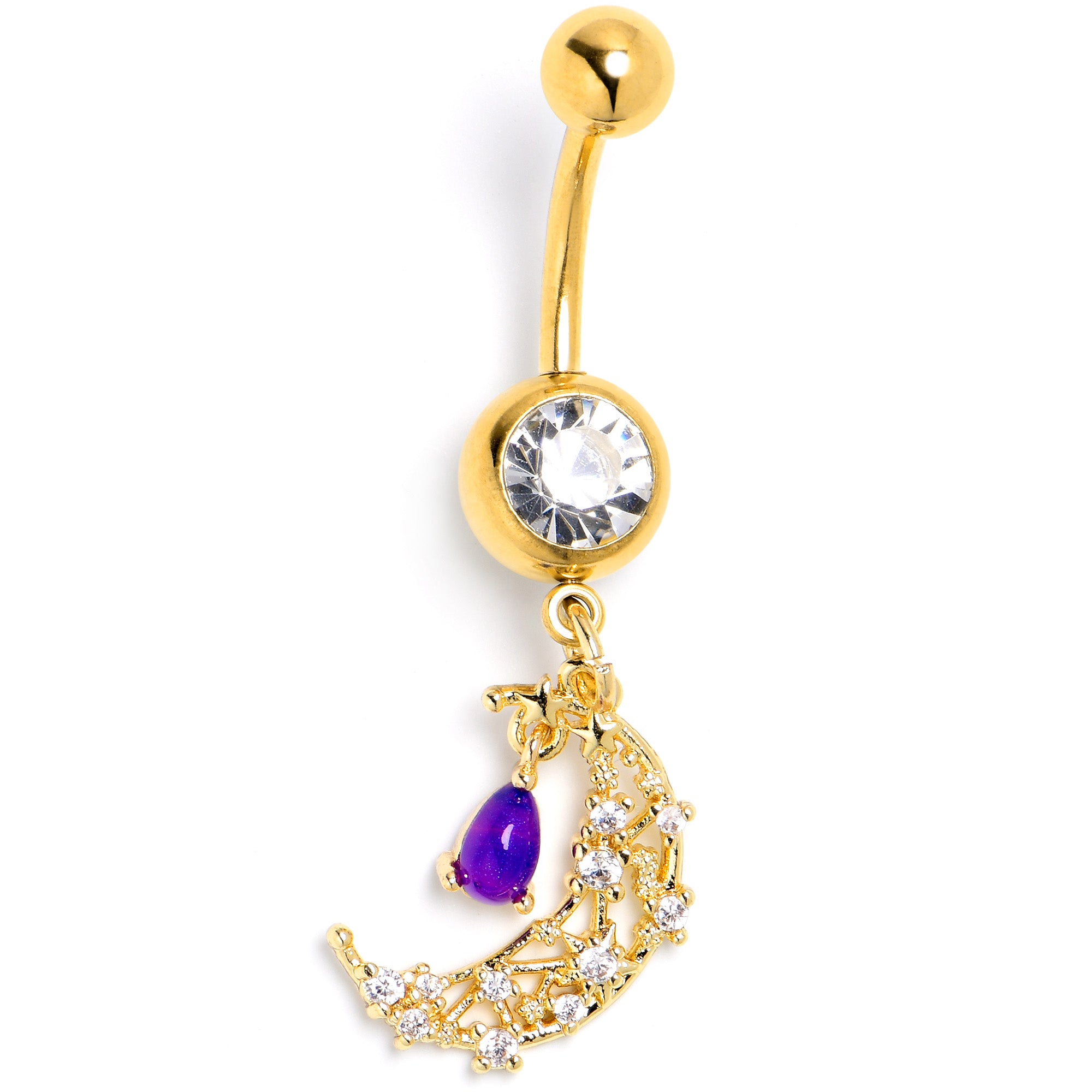 Purple Gem Gold Tone Constellation Moon Dangle Belly Ring