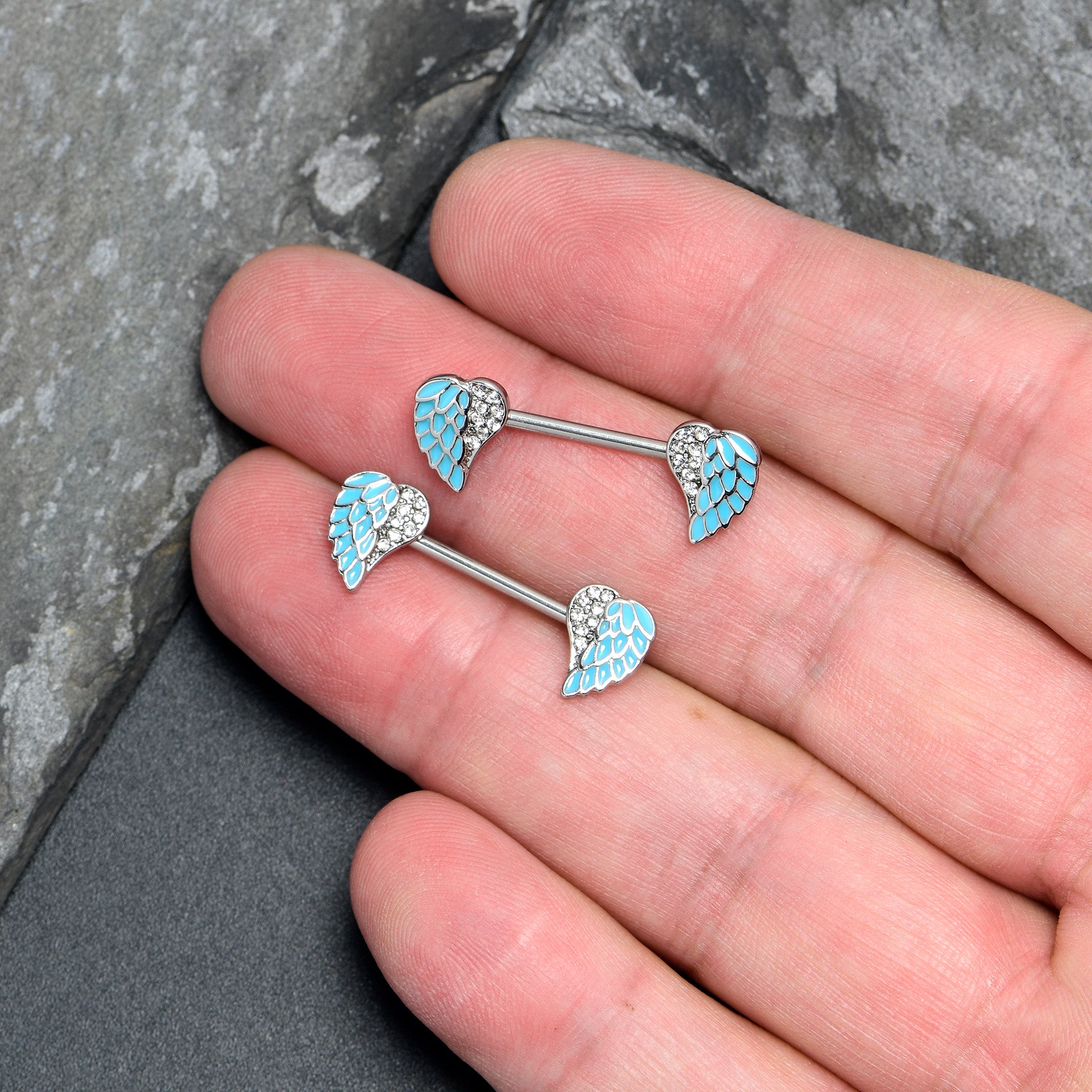 14G 9/16 Blue Heavenly Heart Angel Wings Barbell Nipple Ring Set