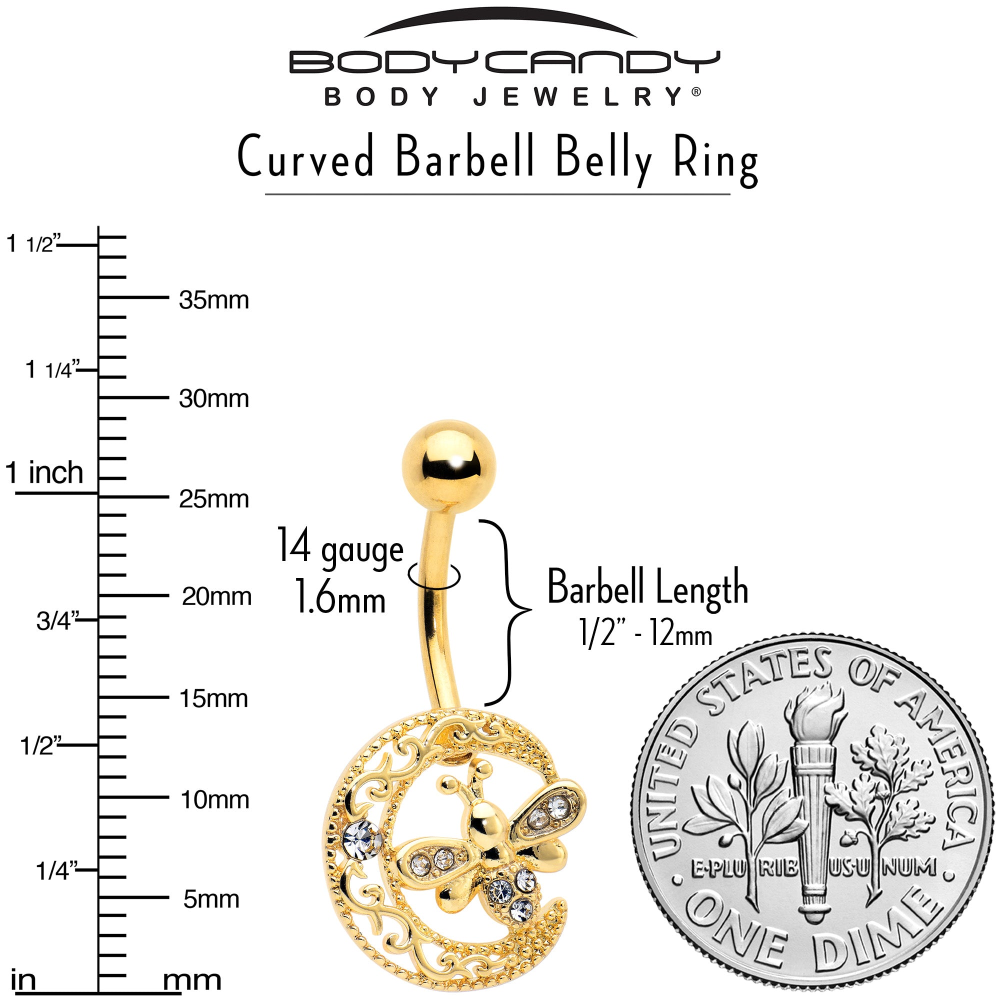 Clear Gem Gold Tone Lunar Dragonfly Belly Ring