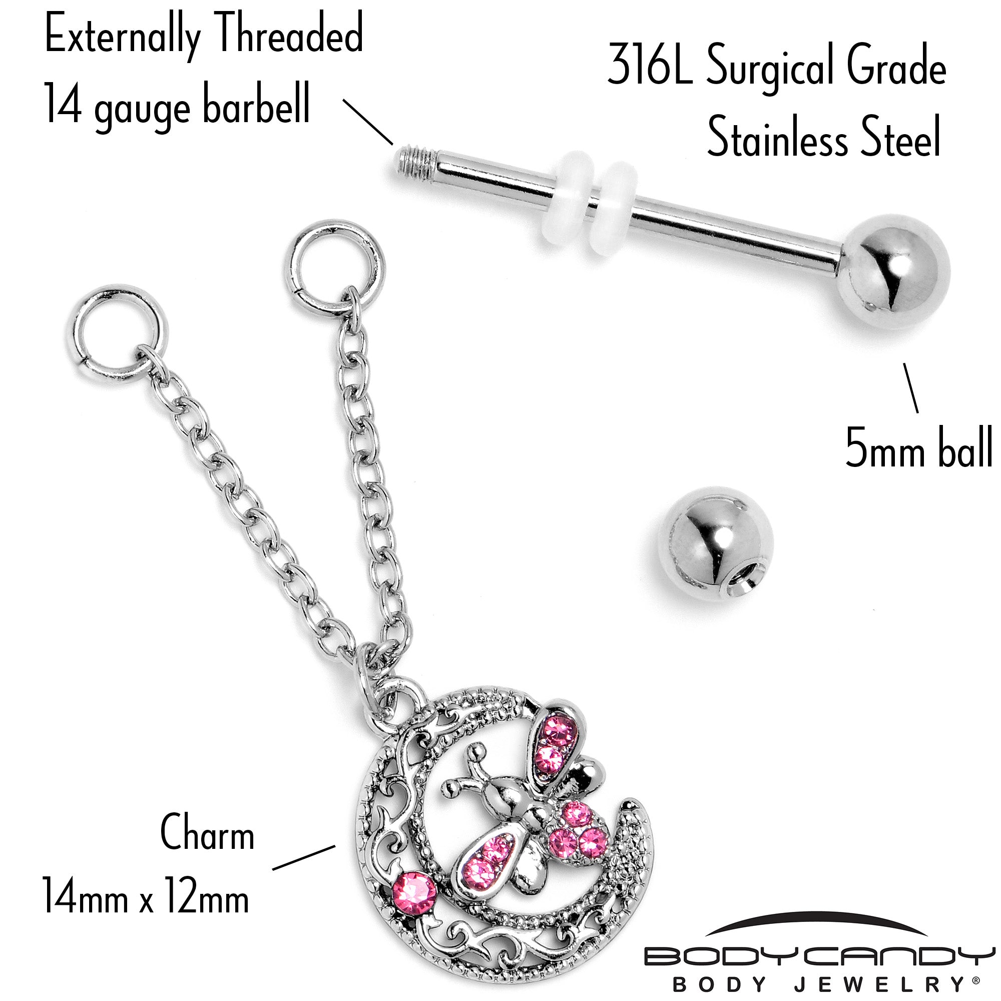 14 Gauge 9/16 Pink Gem Lunar Dragonfly Chain Dangle Nipple Ring Set