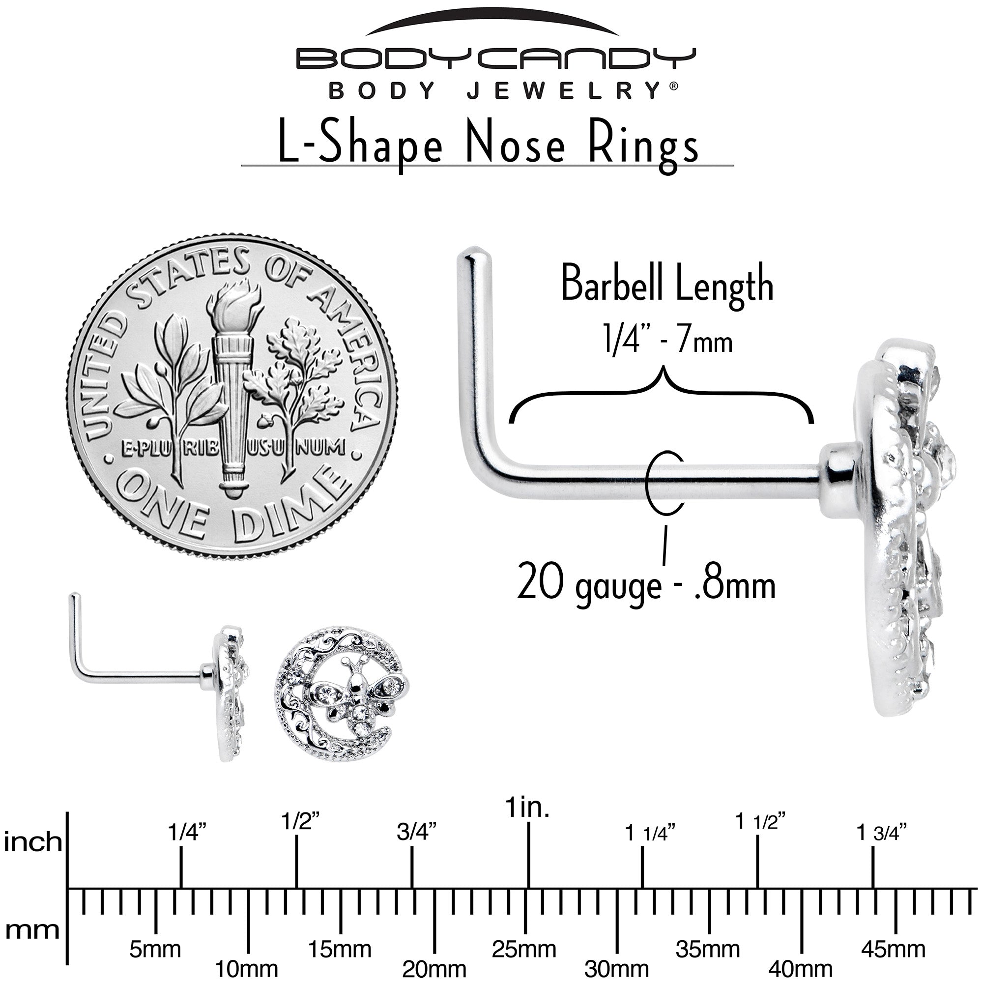20 Gauge 7mm Clear Gem Lunar Dragonfly L Shape Nose Ring