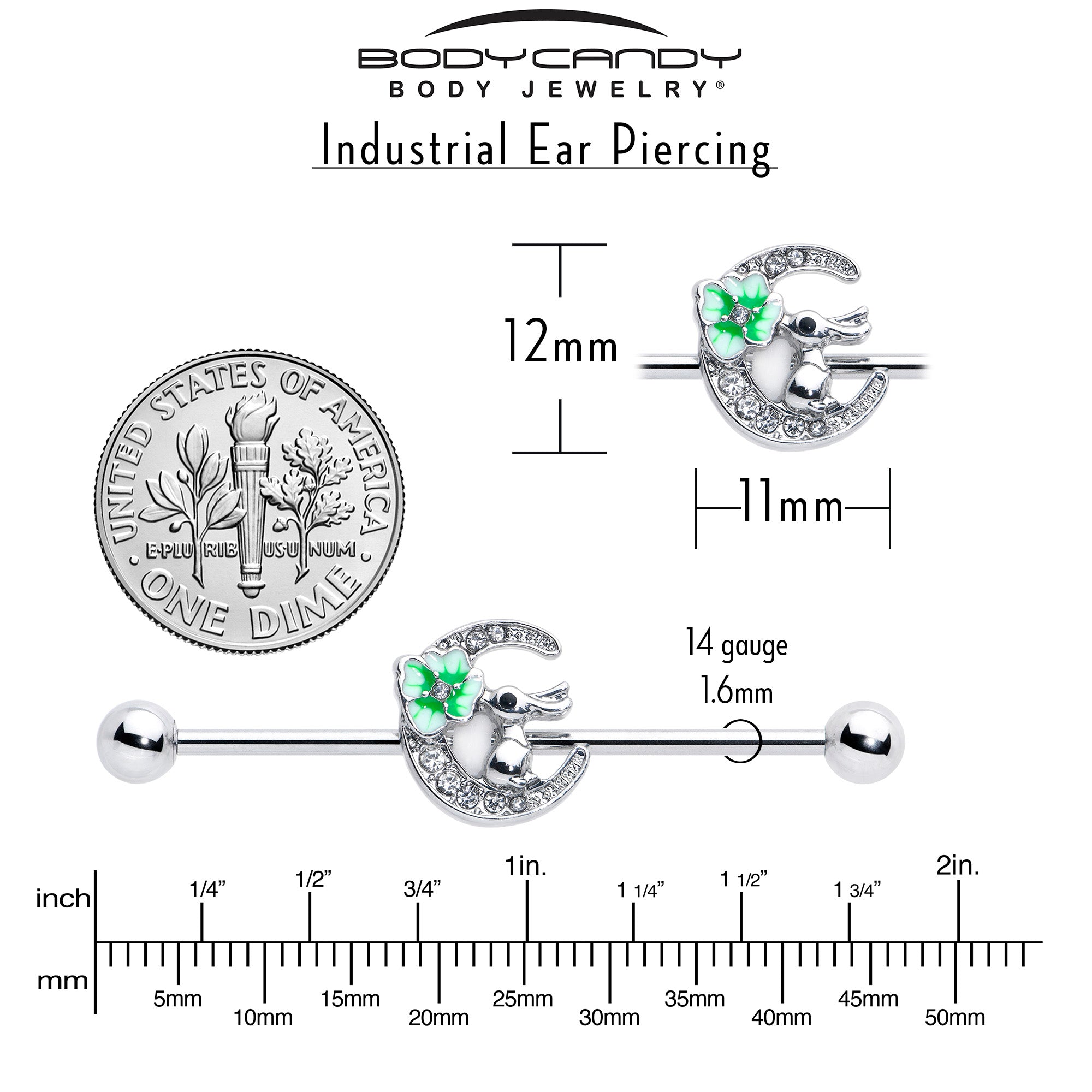 14G Clear Gem Rabbit On Moon Flower Industrial Barbell 38mm
