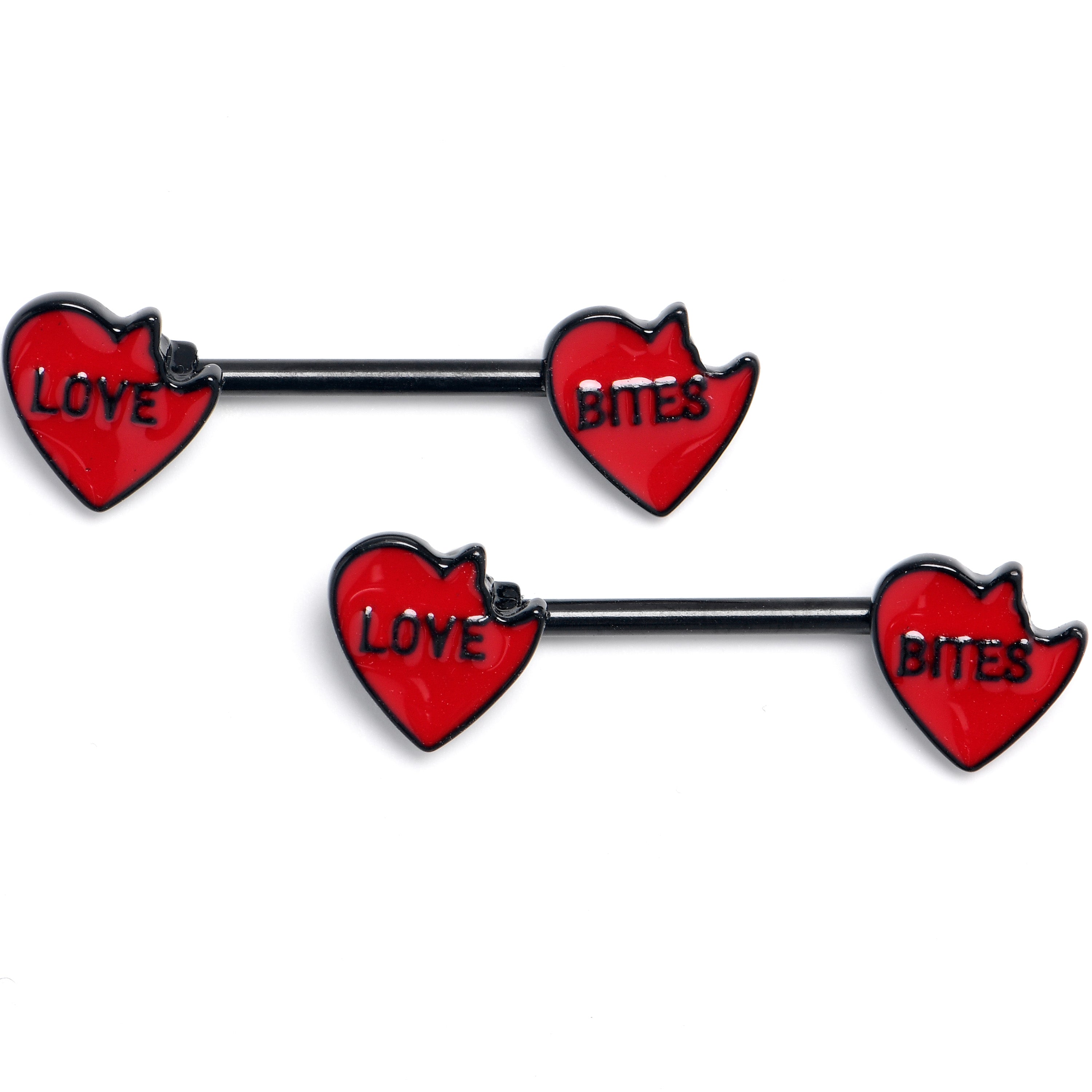 14G 9/16 Black Love Bites Heart Valentine Barbell Nipple Ring Set