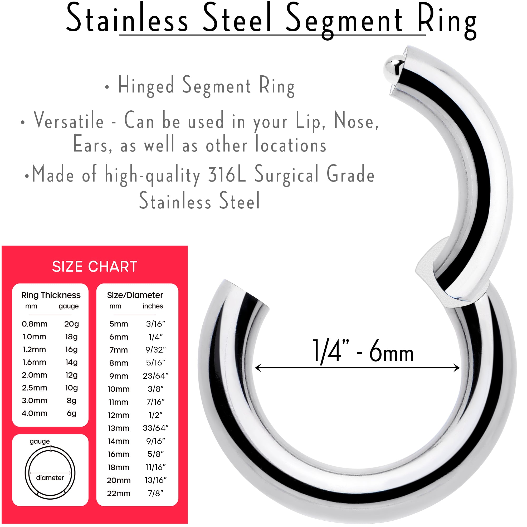 14 Gauge 1/4 316L Surgical Steel Precision Hinged Segment Hoop