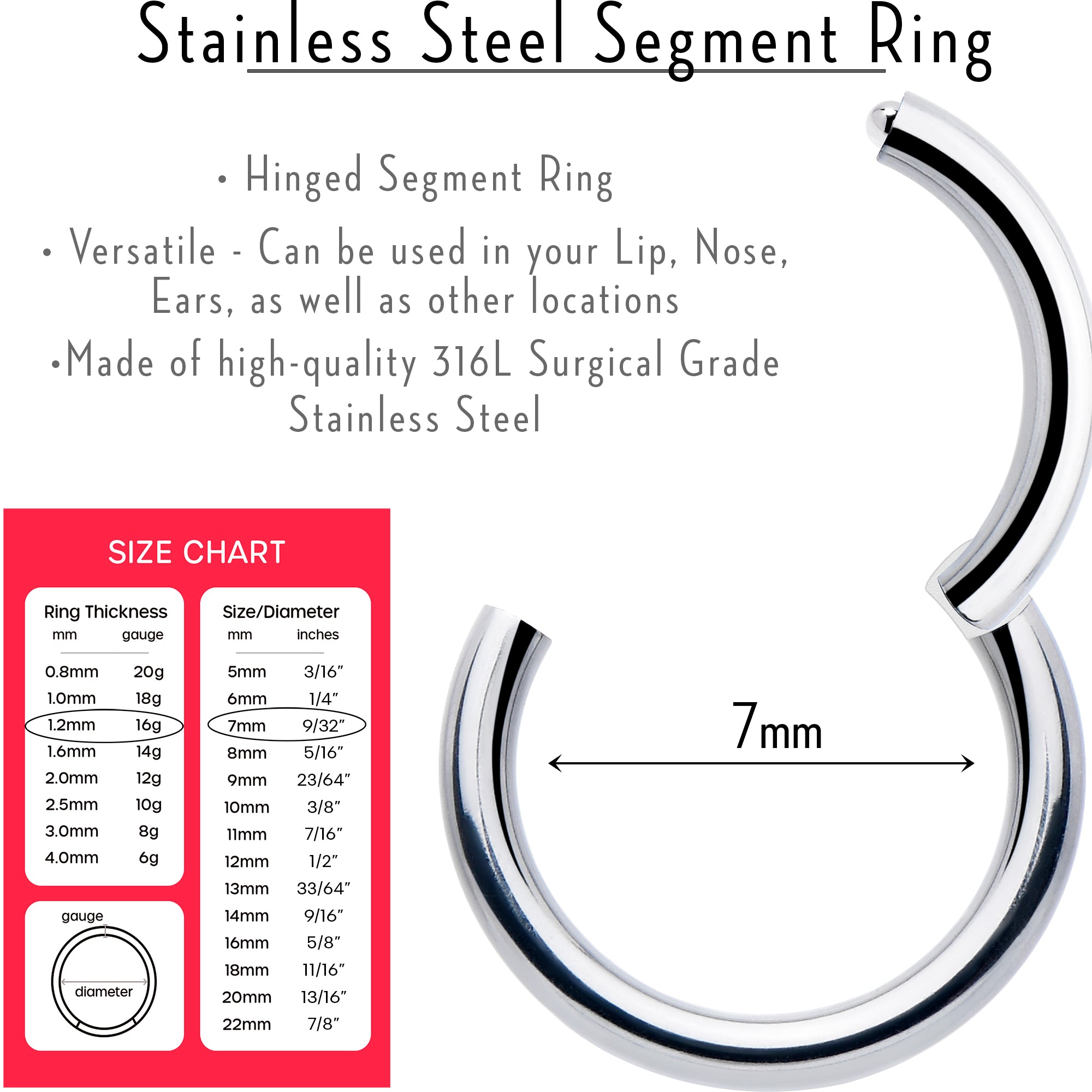 16 Gauge 7mm 316L Surgical Steel Precision Hinged Segment Hoop