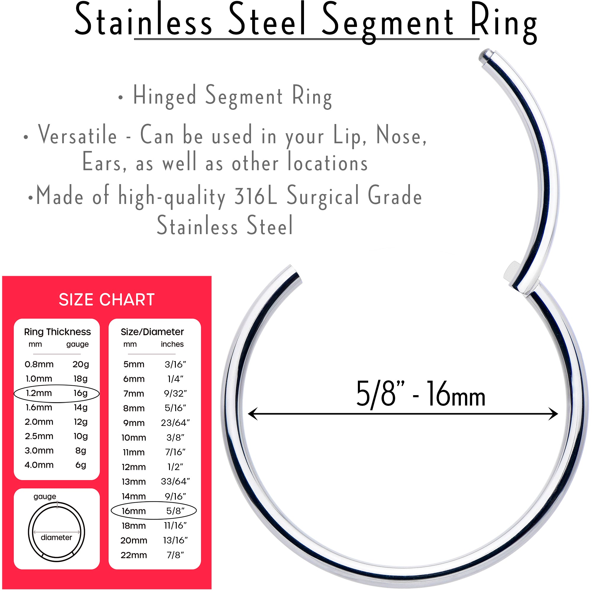 16 Gauge 5/8 316L Surgical Steel Precision Hinged Segment Hoop