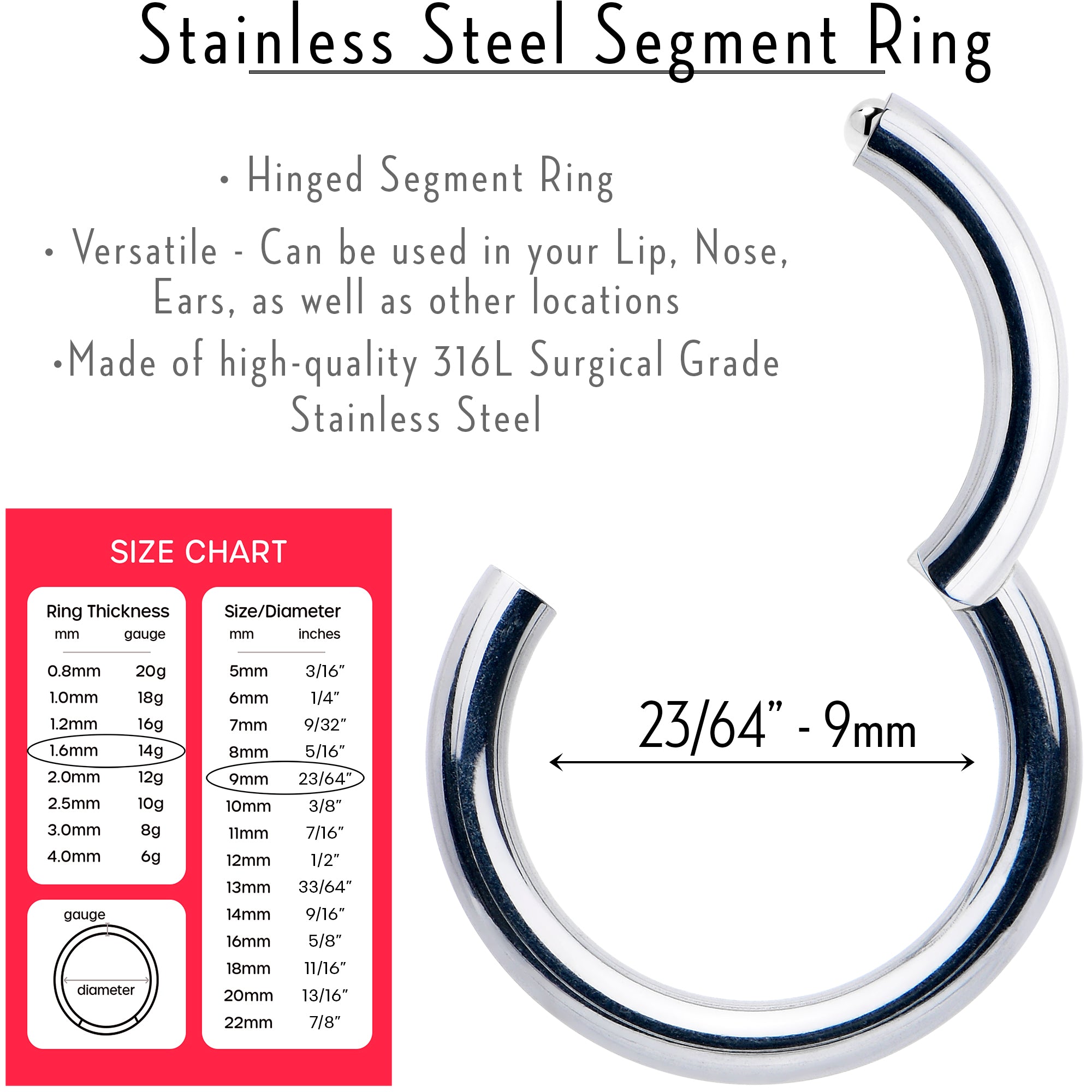 14 Gauge 9mm 316L Surgical Steel Precision Hinged Segment Hoop