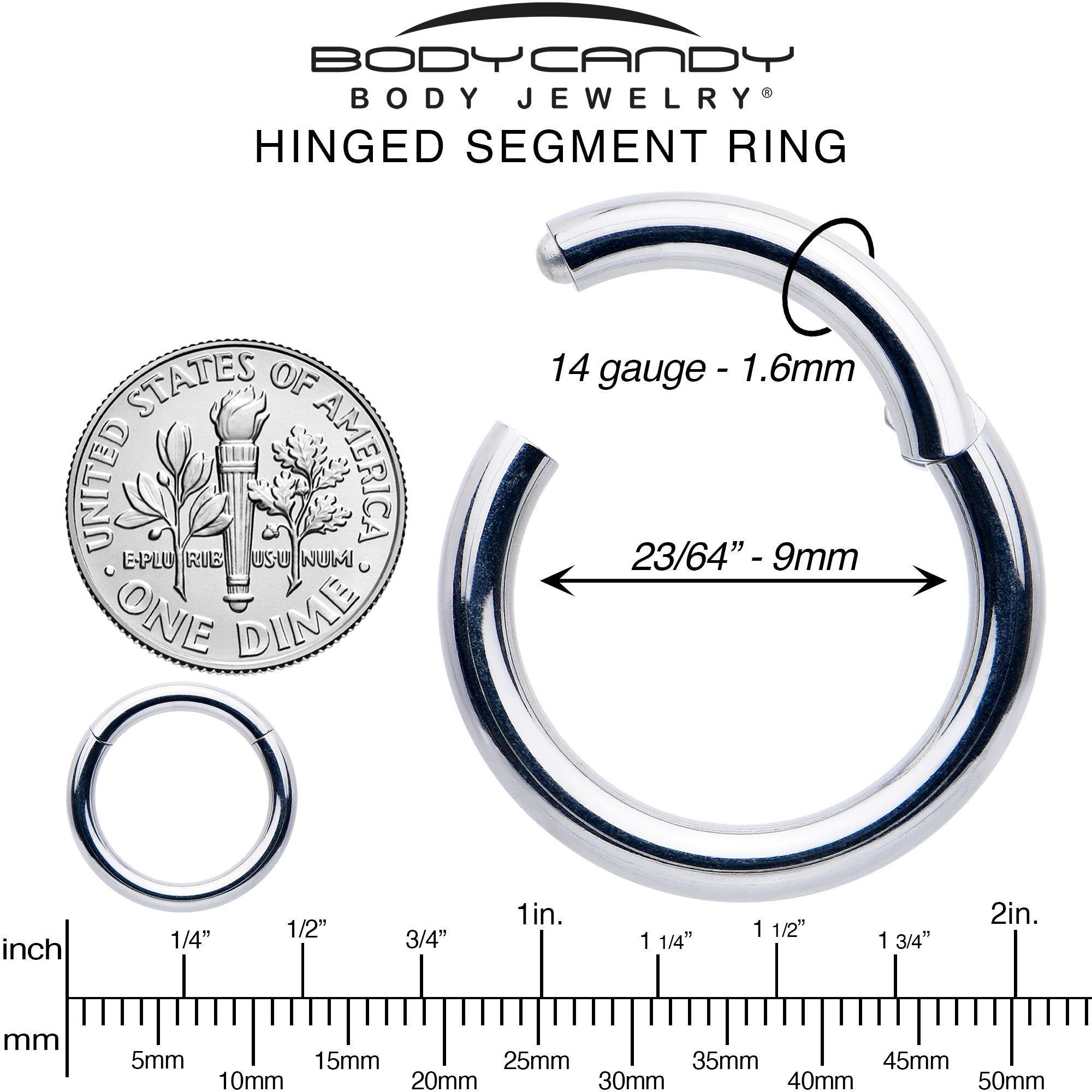 14 Gauge 9mm 316L Surgical Steel Precision Hinged Segment Hoop