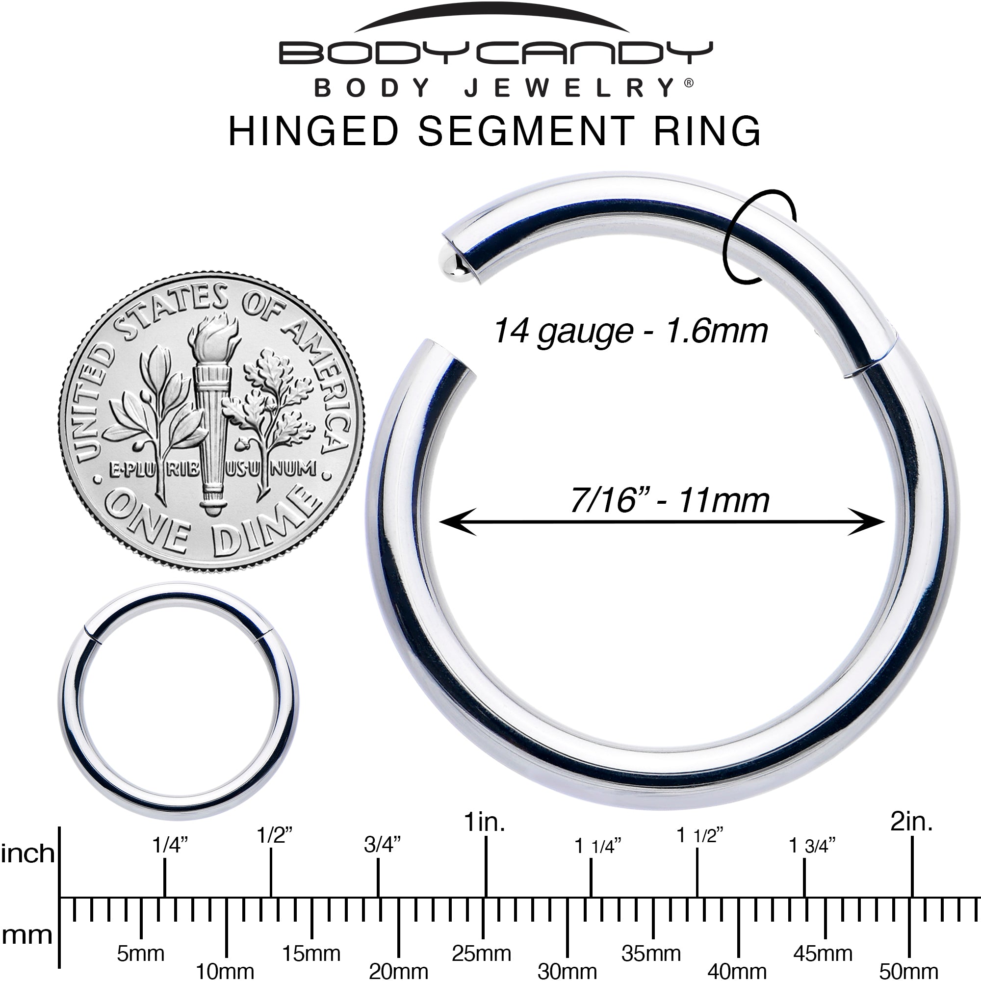 14 Gauge 7/16 316L Surgical Steel Precision Hinged Segment Hoop
