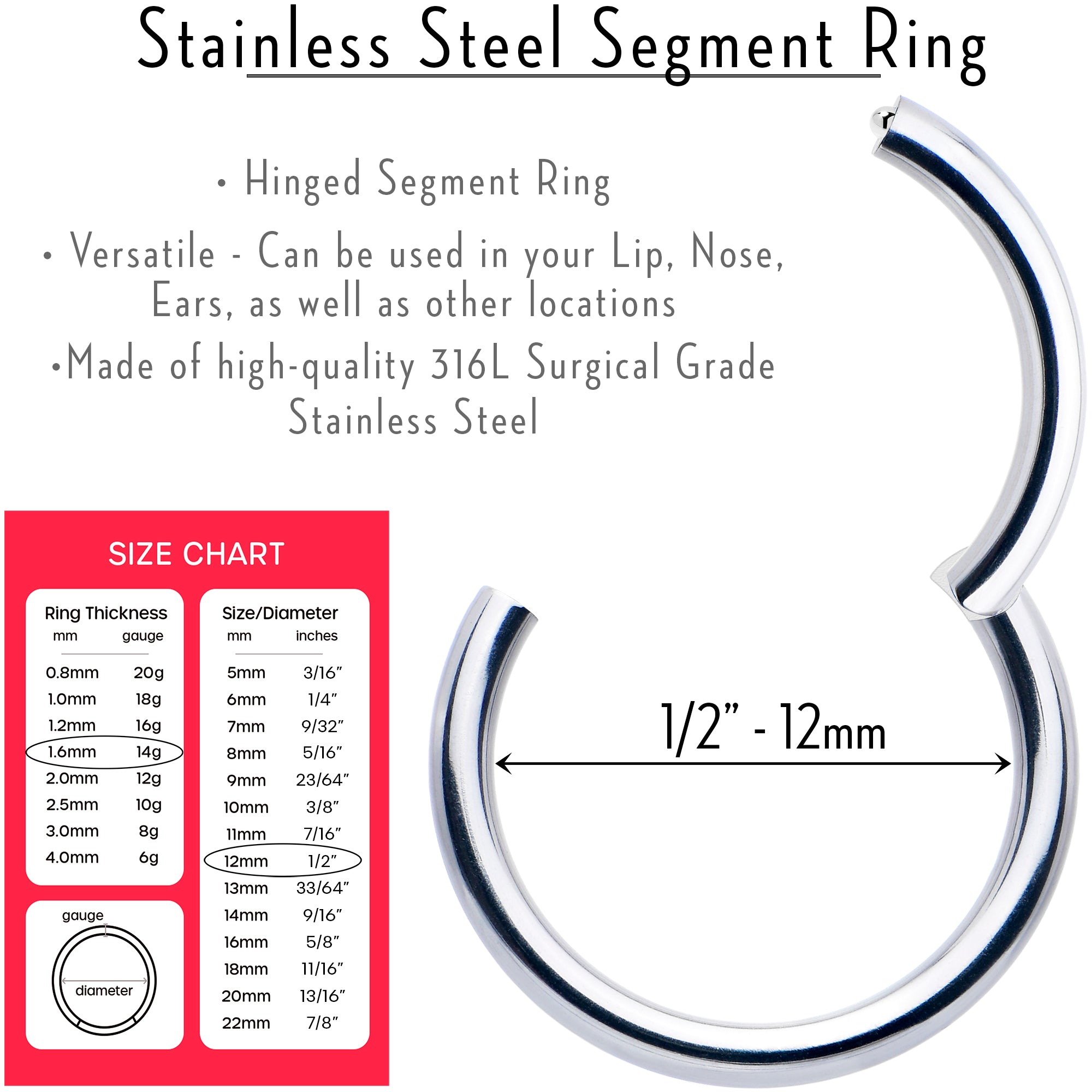 14 Gauge 1/2 316L Surgical Steel Precision Hinged Segment Hoop