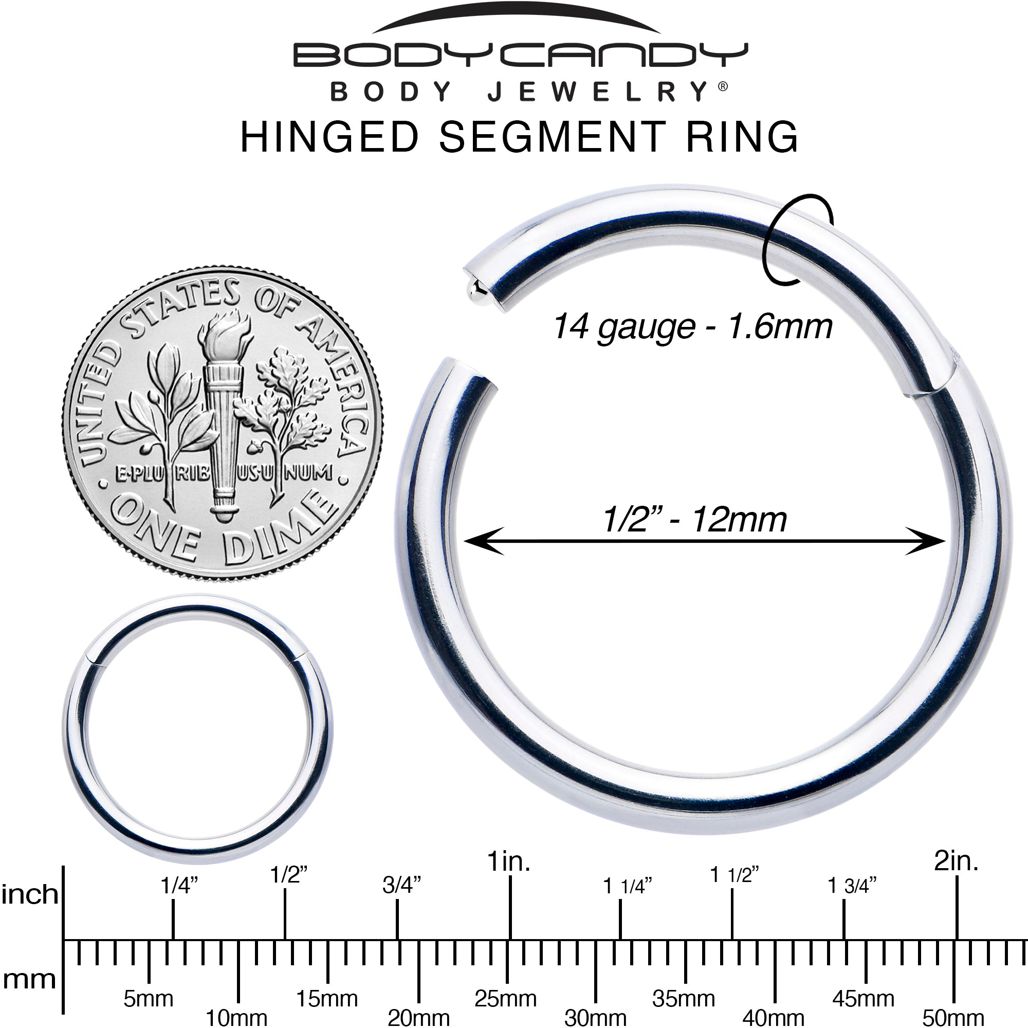 14 Gauge 1/2 316L Surgical Steel Precision Hinged Segment Hoop
