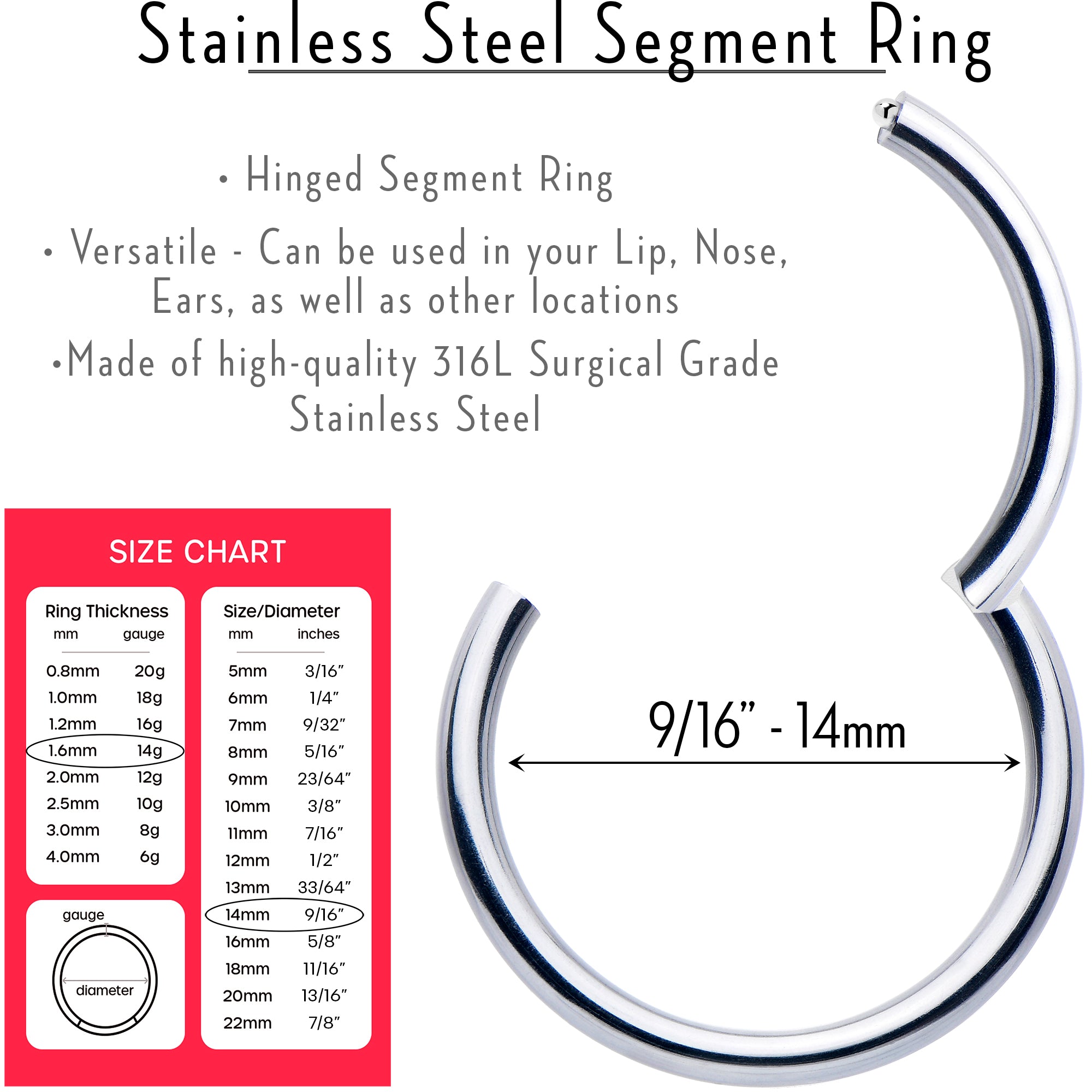 14 Gauge 9/16 316L Surgical Steel Precision Hinged Segment Hoop
