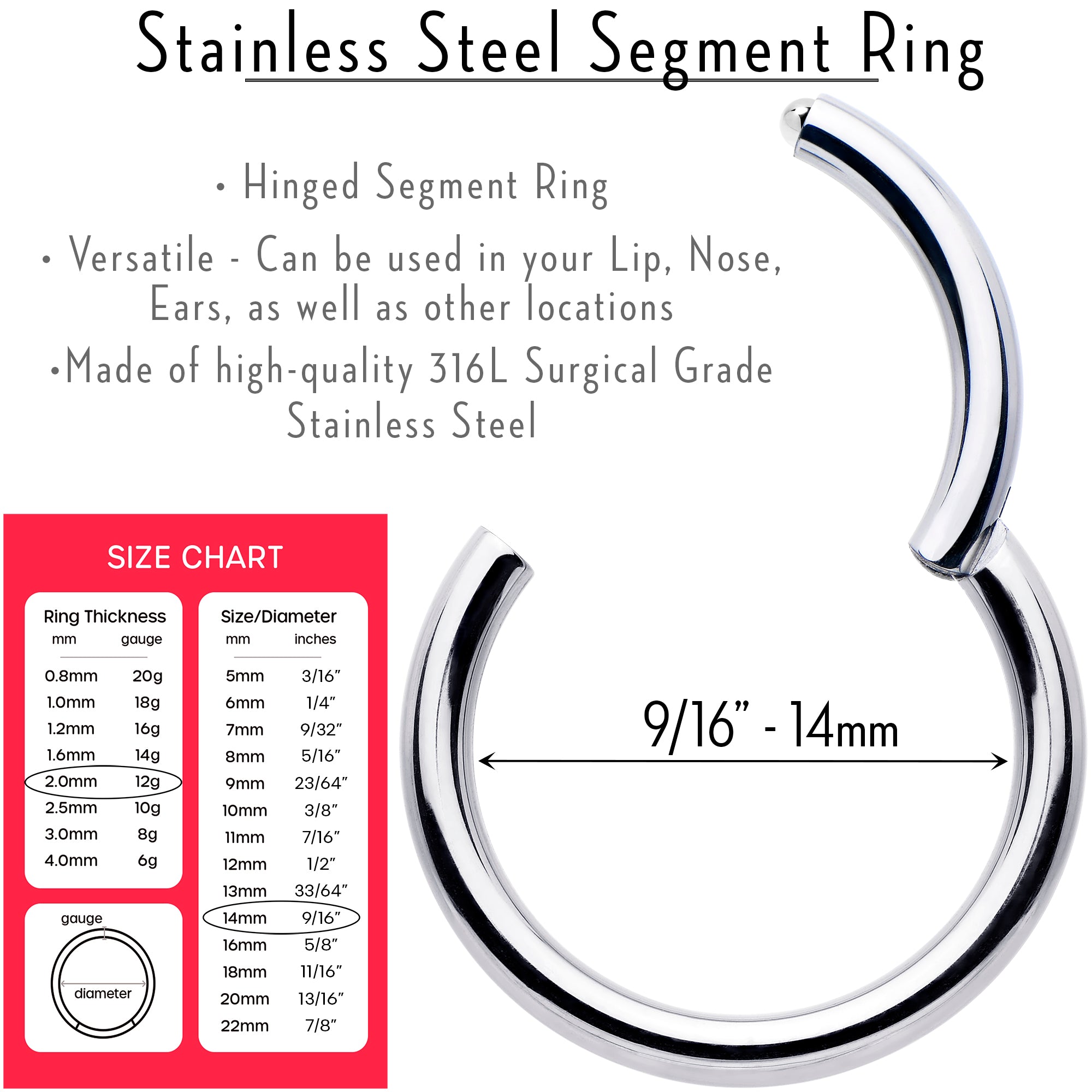 12G 9/16 316L Surgical Steel Precision Hinged Segment Hoop