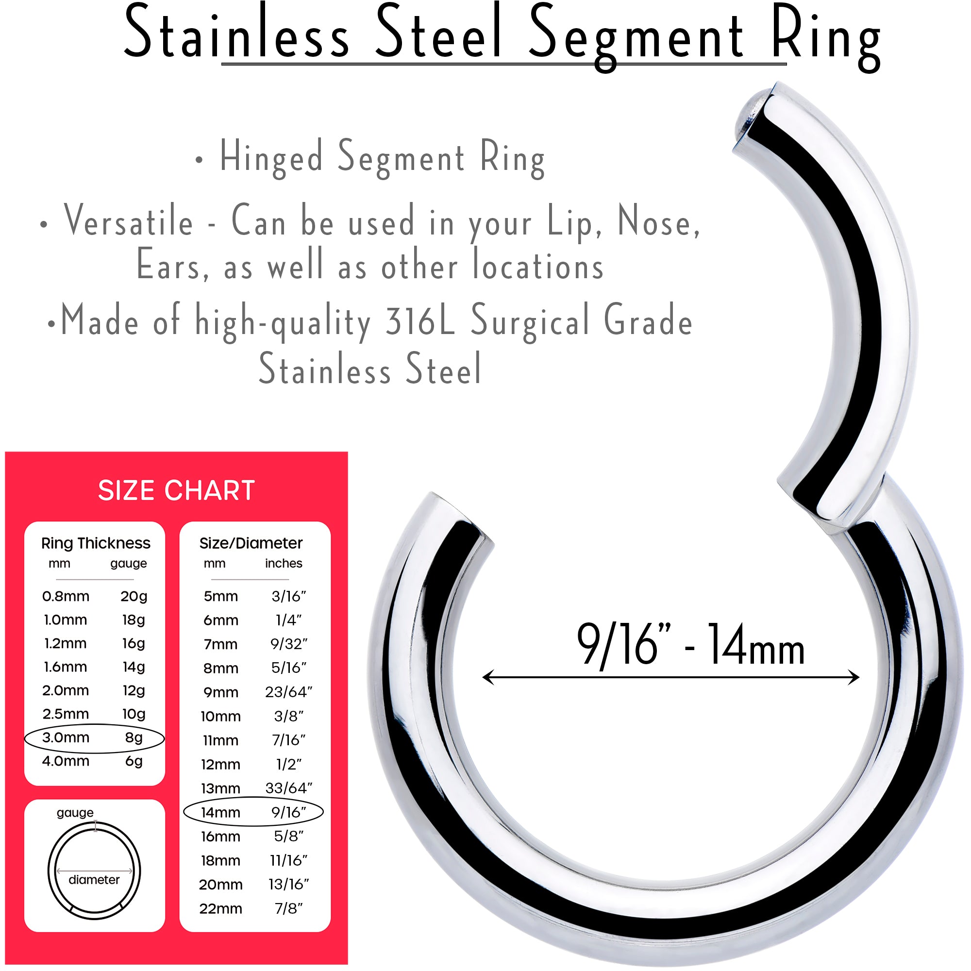 8G 9/16 316L Surgical Steel Precision Hinged Segment Hoop