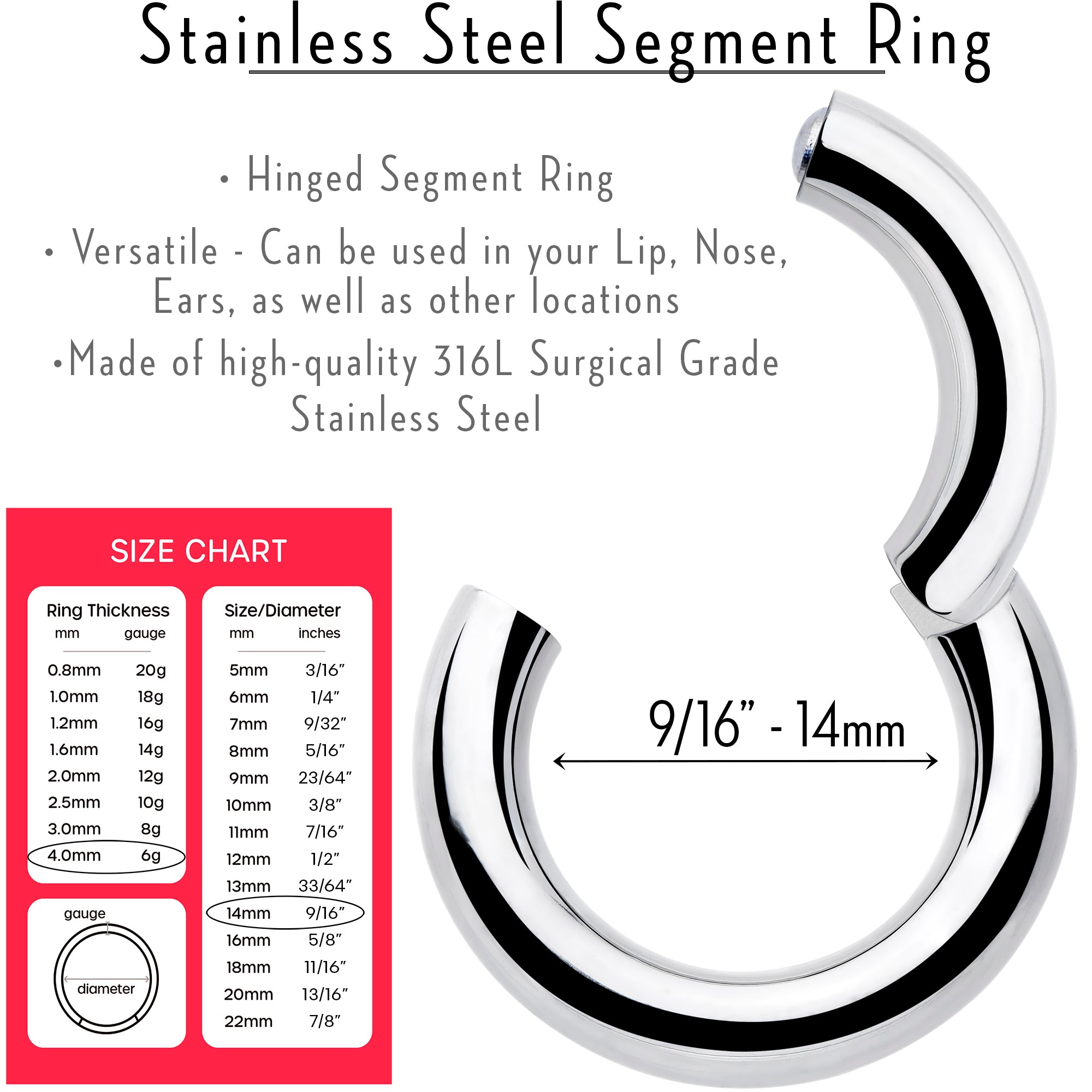 6 Gauge 9/16 316L Surgical Steel Precision Hinged Segment Hoop