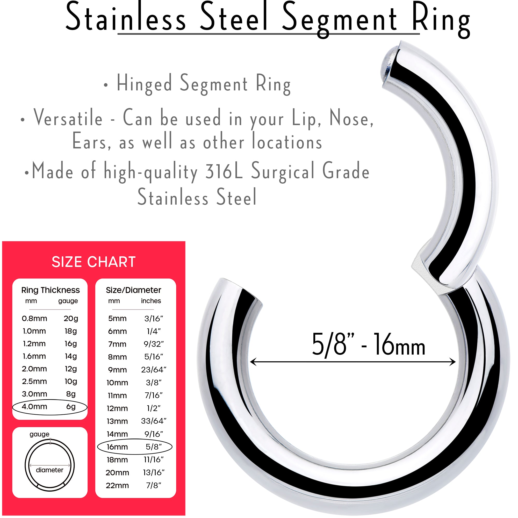 6 Gauge 5/8 316L Surgical Steel Precision Hinged Segment Hoop