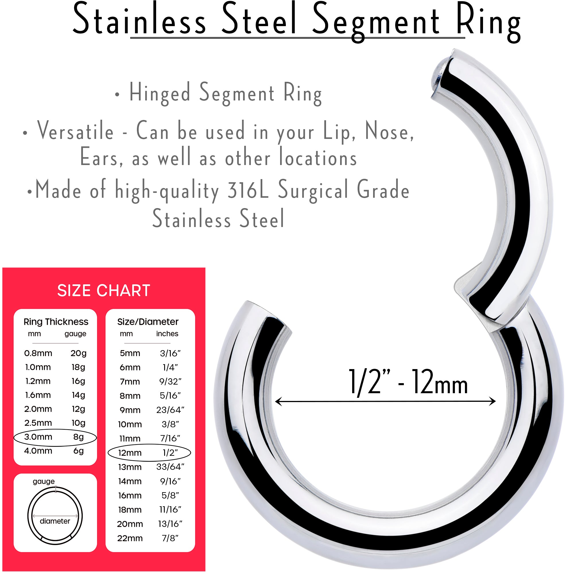 8 Gauge 1/2 316L Surgical Steel Precision Hinged Segment Hoop