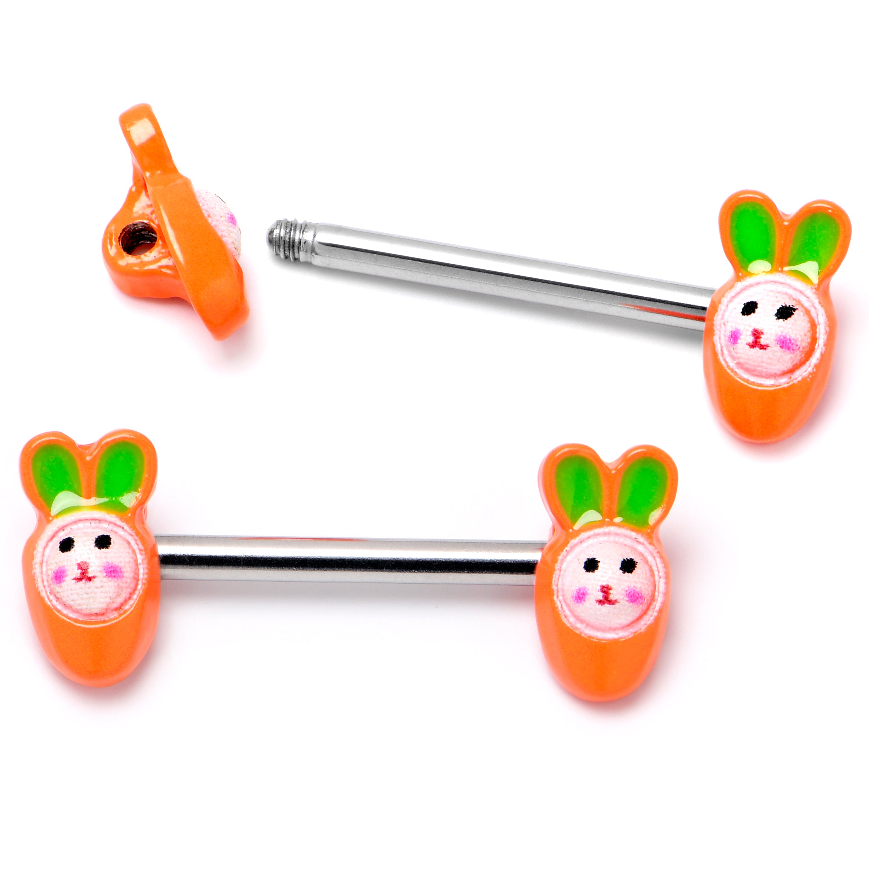 14G 9/16 Surprise Carrot Easter Bunny Barbell Nipple Ring Set