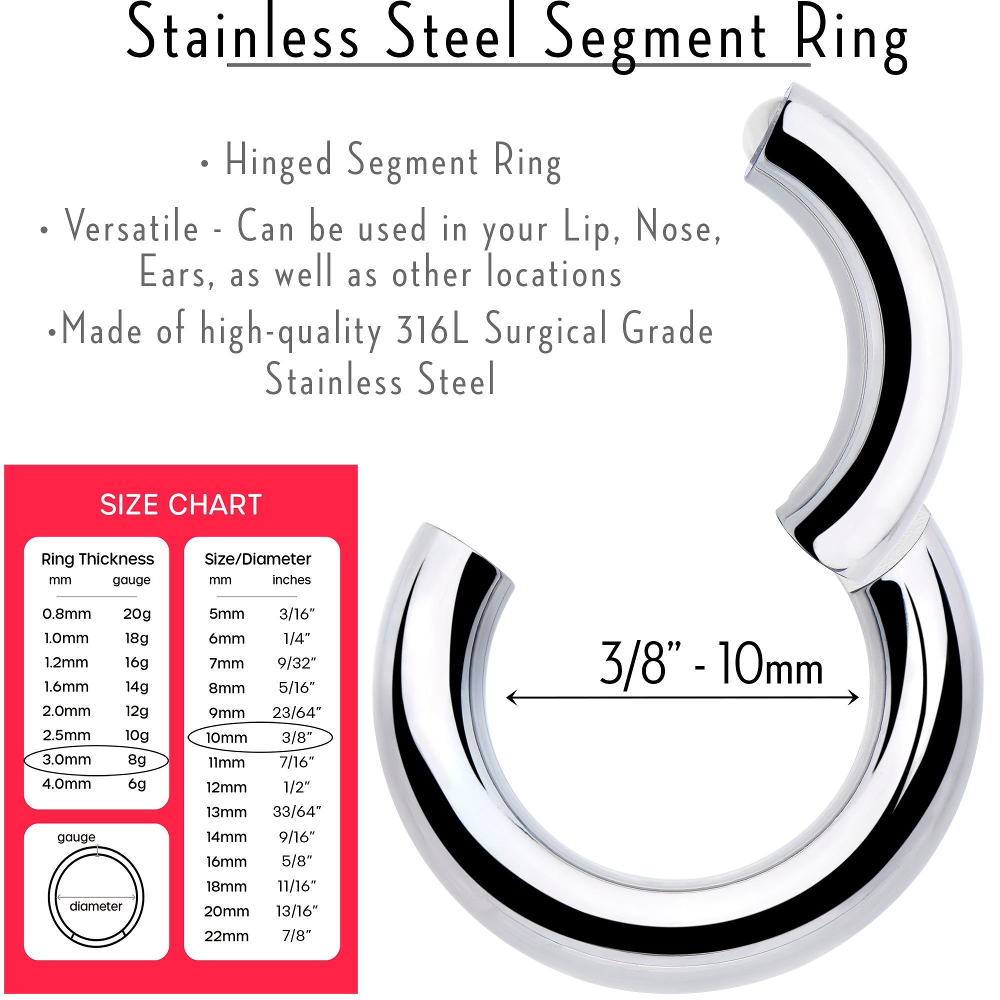 8 Gauge 3/8 316L Surgical Steel Precision Hinged Segment Hoop