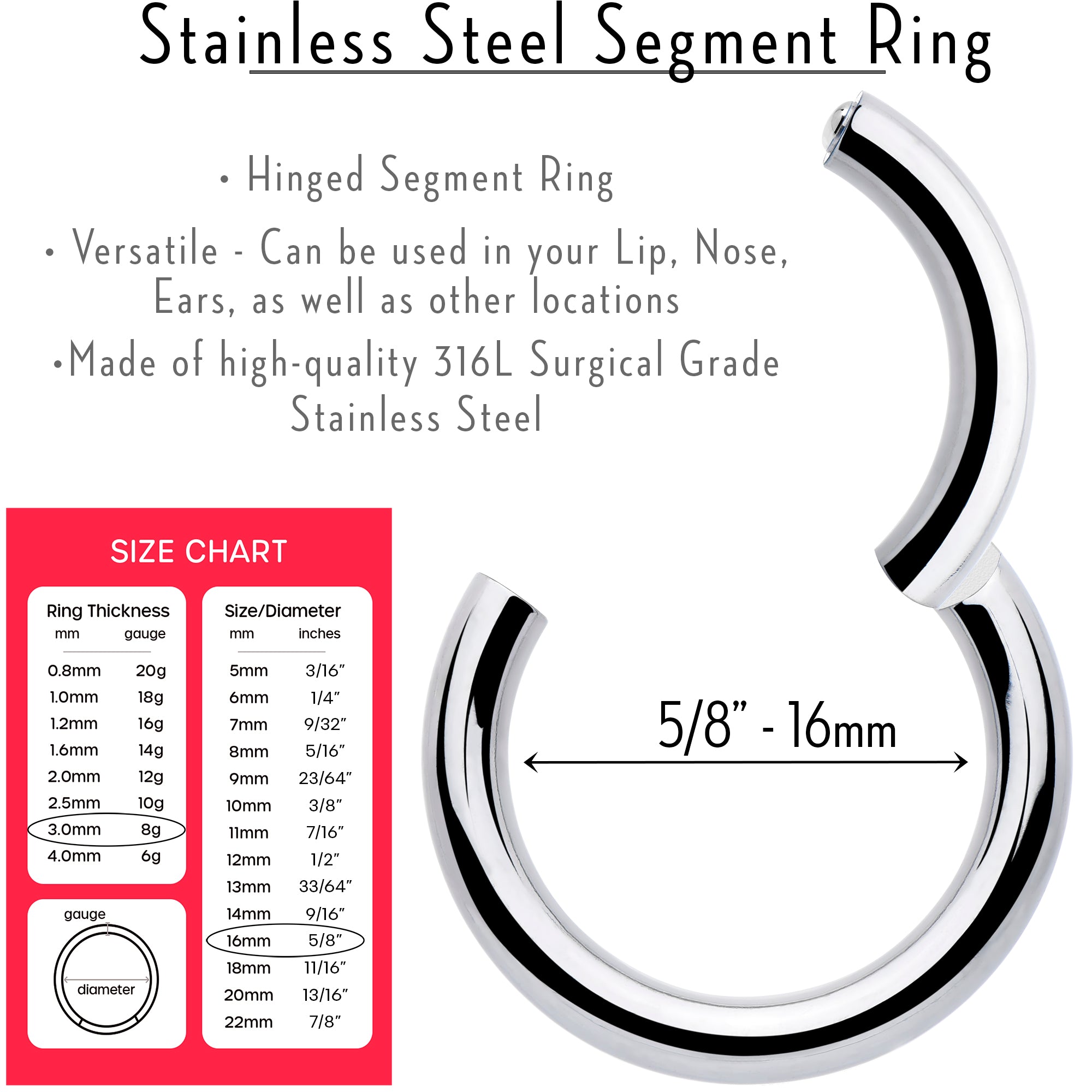 8 Gauge 5/8 316L Surgical Steel Precision Hinged Segment Hoop