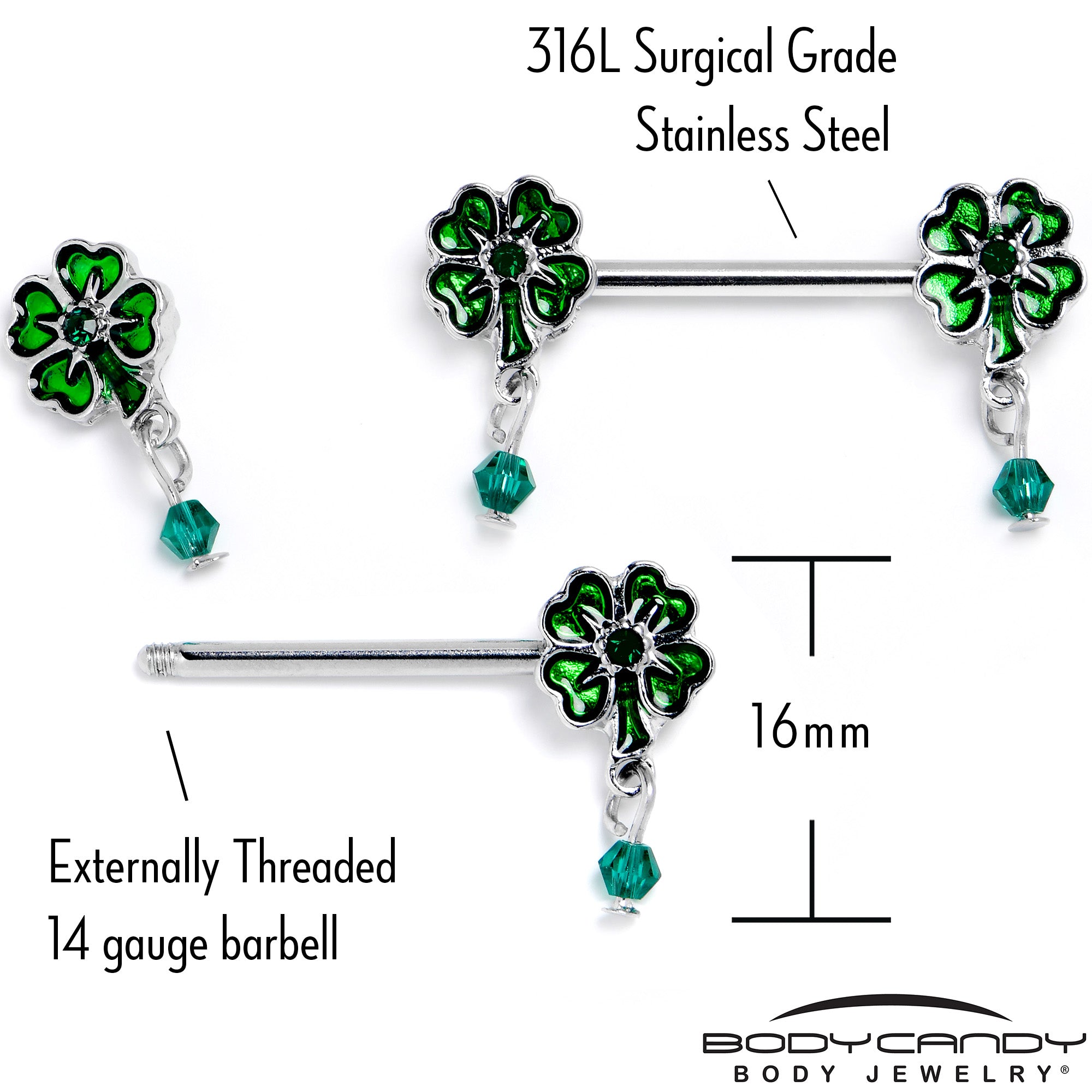 14 Gauge 9/16 Green Gem Shamrock Glam St Patricks Dangle Nipple Ring Set