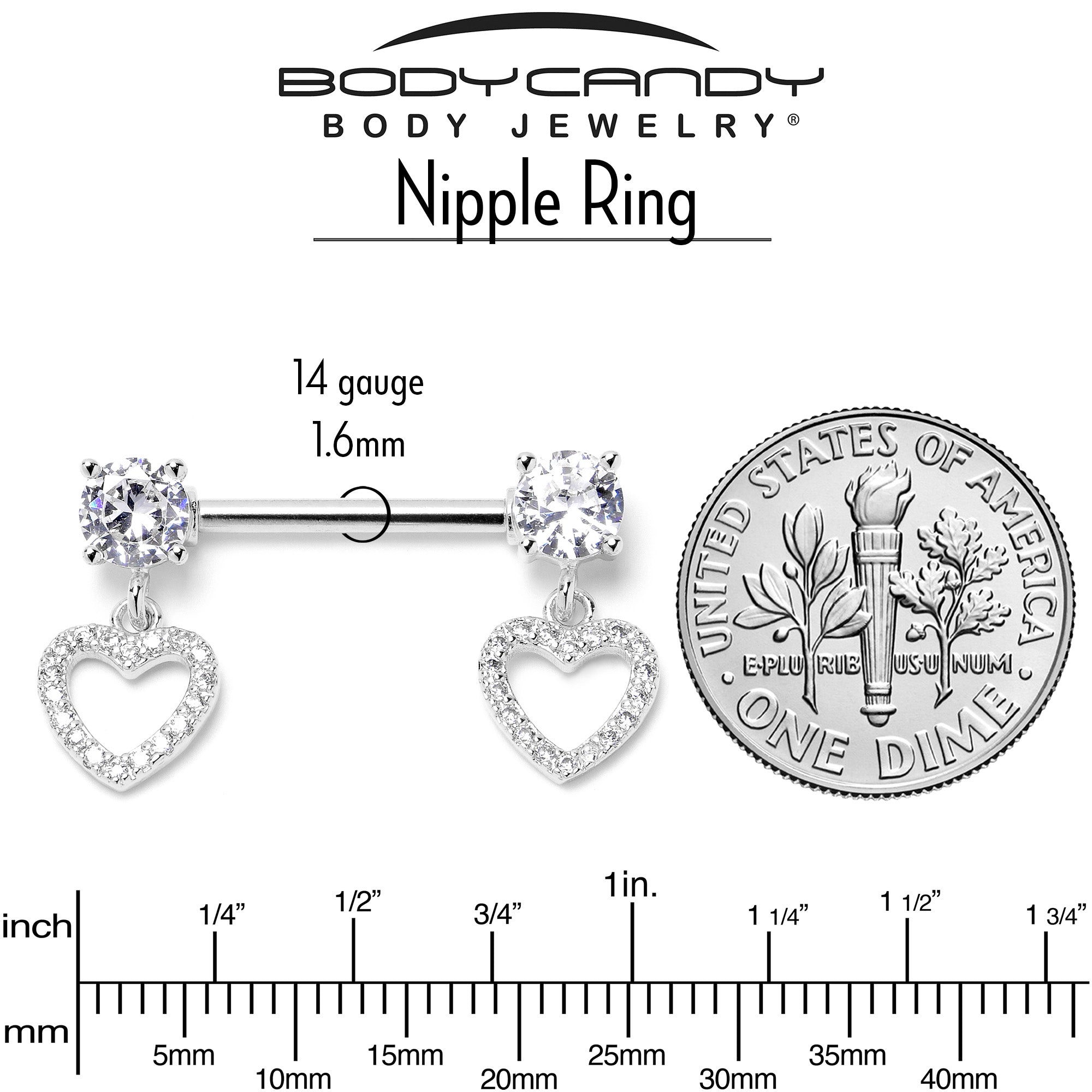 14 Gauge 9/16 Clear CZ Gem Paved Heart Dangle Nipple Ring Set