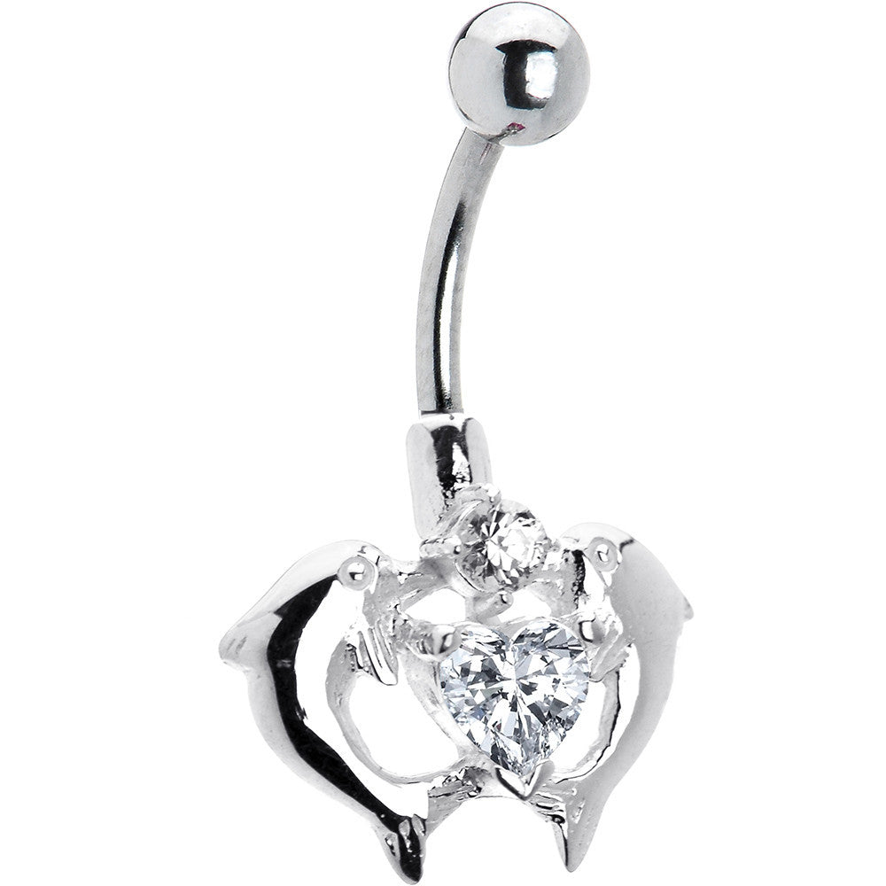 Sterling Silver 925 Crystalline KISSING DOLPHINS Belly Ring
