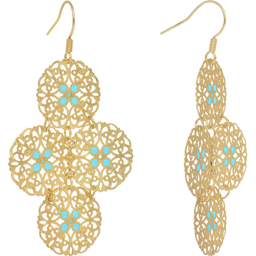 Gold Turquoise Color Round Filigree Dangle Earrings