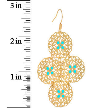 Gold Turquoise Color Round Filigree Dangle Earrings