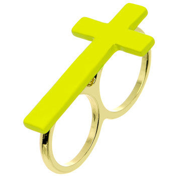 Light Yellow Neon Cross Double Finger Ring