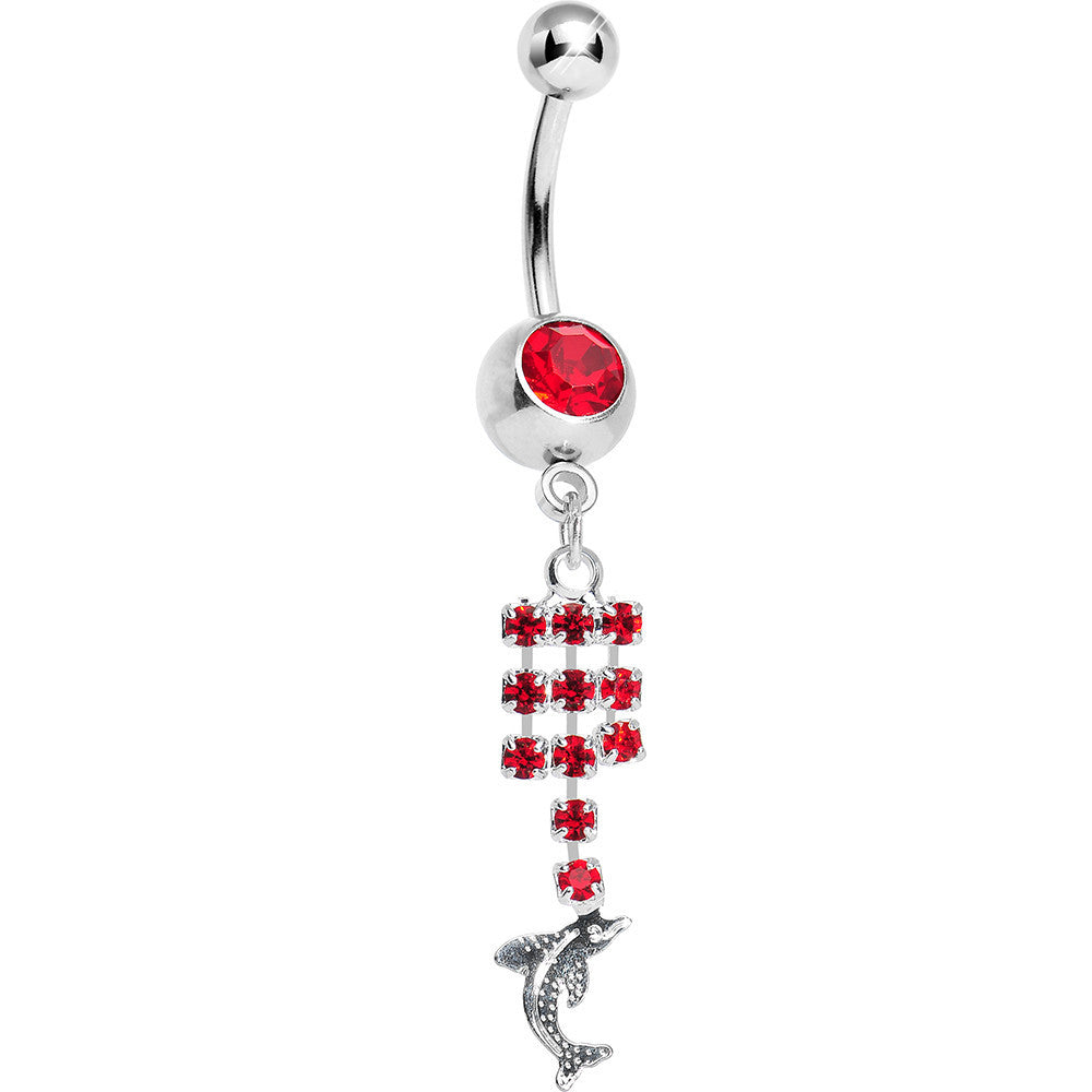 Red Gem Raindrops and Dolphin Dangle Belly Ring