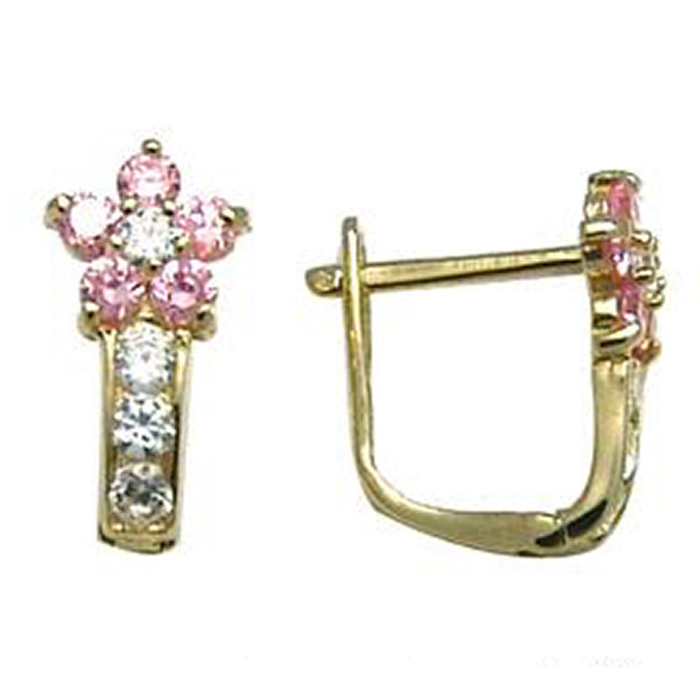 14kt Yellow Gold Pink and Clear Cubic Zirconia Flower Earrings